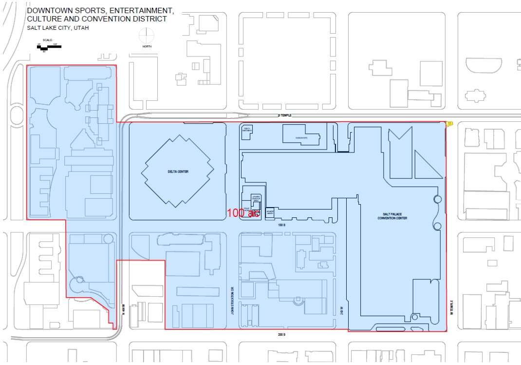 This map shows the full 100-acre "downtown sports, entertainment, culture and convention district" surrounding the Delta Center.