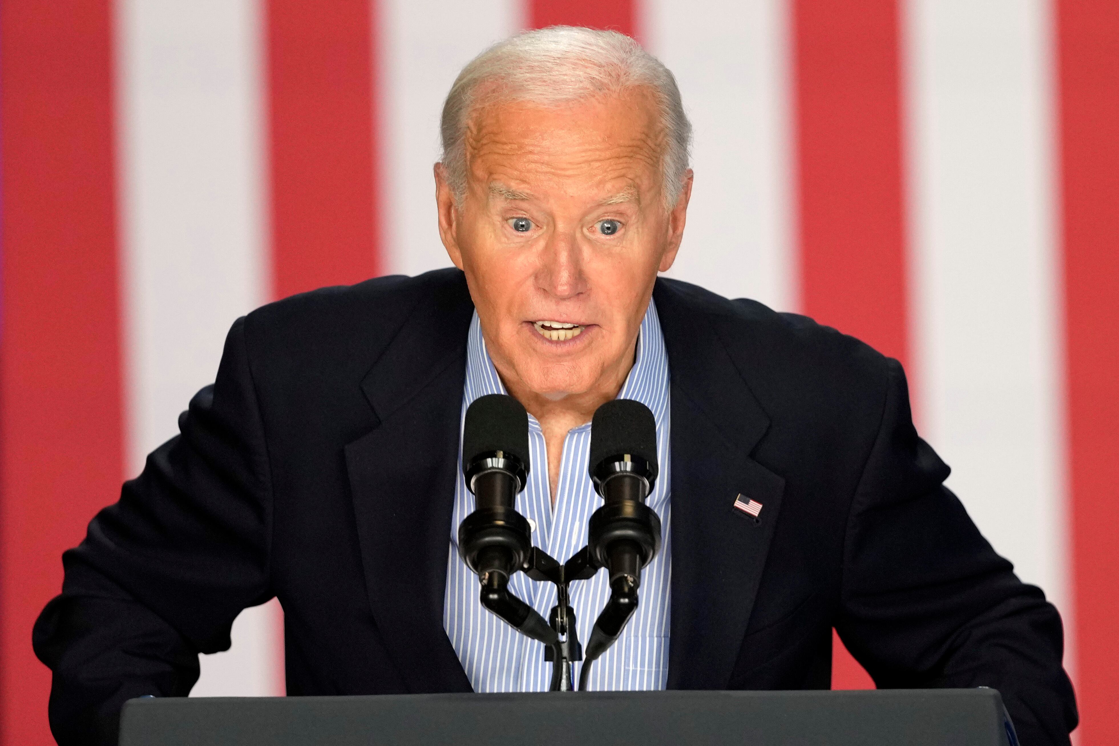President Joe Biden speaks at a campaign rally at Sherman Middle School in Madison, Wis., Friday. "I’m staying in this race," a defiant President Joe Biden declared in Wisconsin as he works to repair image.