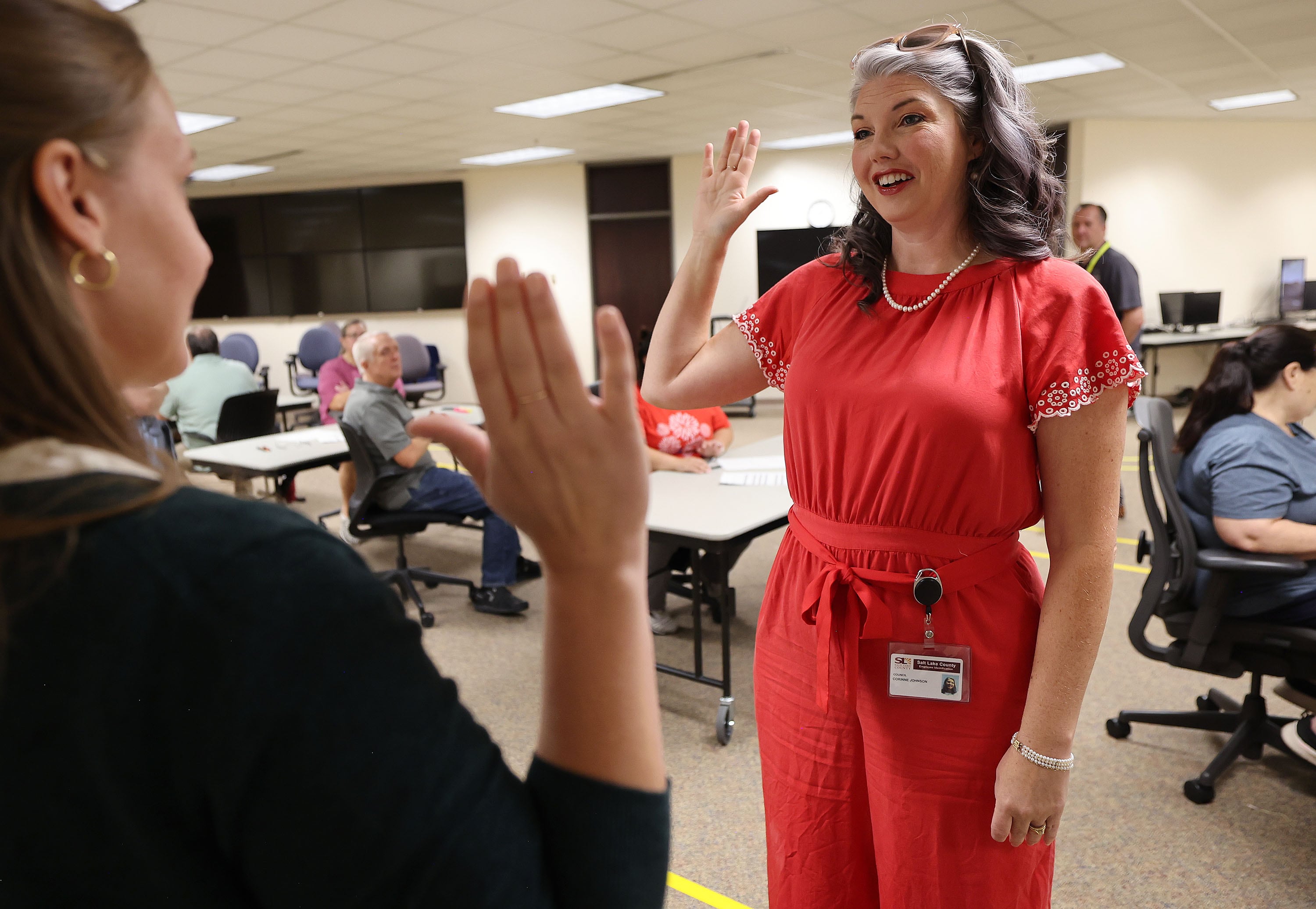 Corrine Johnson, a member of the Salt Lake County Council, is sworn in to help with auditing the primary election at the Salt Lake County Government Center in Salt Lake City on Tuesday.