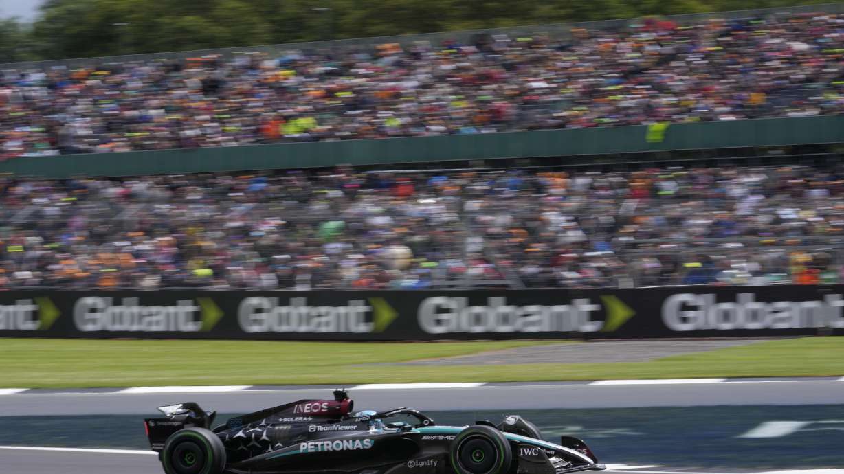 Mercedes driver George Russell of Britain steers his car during the qualifying session at the Silverstone racetrack, Silverstone, England, Saturday, July 6, 2024. The British Formula One Grand Prix will be held on Sunday.