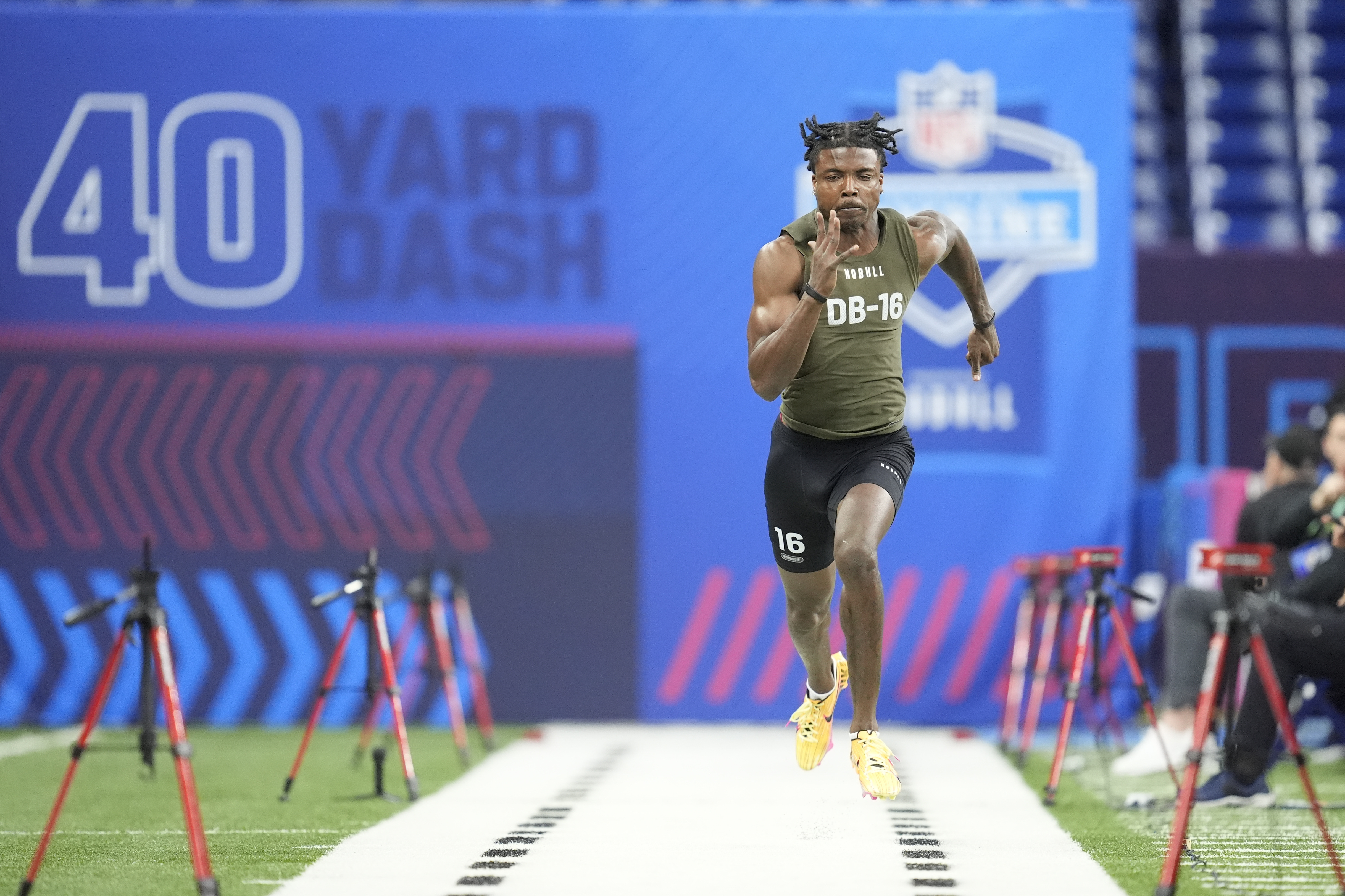 Oregon defensive back Khyree Jackson runs the 40-yard dash at the NFL football scouting combine, March 1 in Indianapolis. Jackson was killed Saturday morning in a car crash in Maryland.