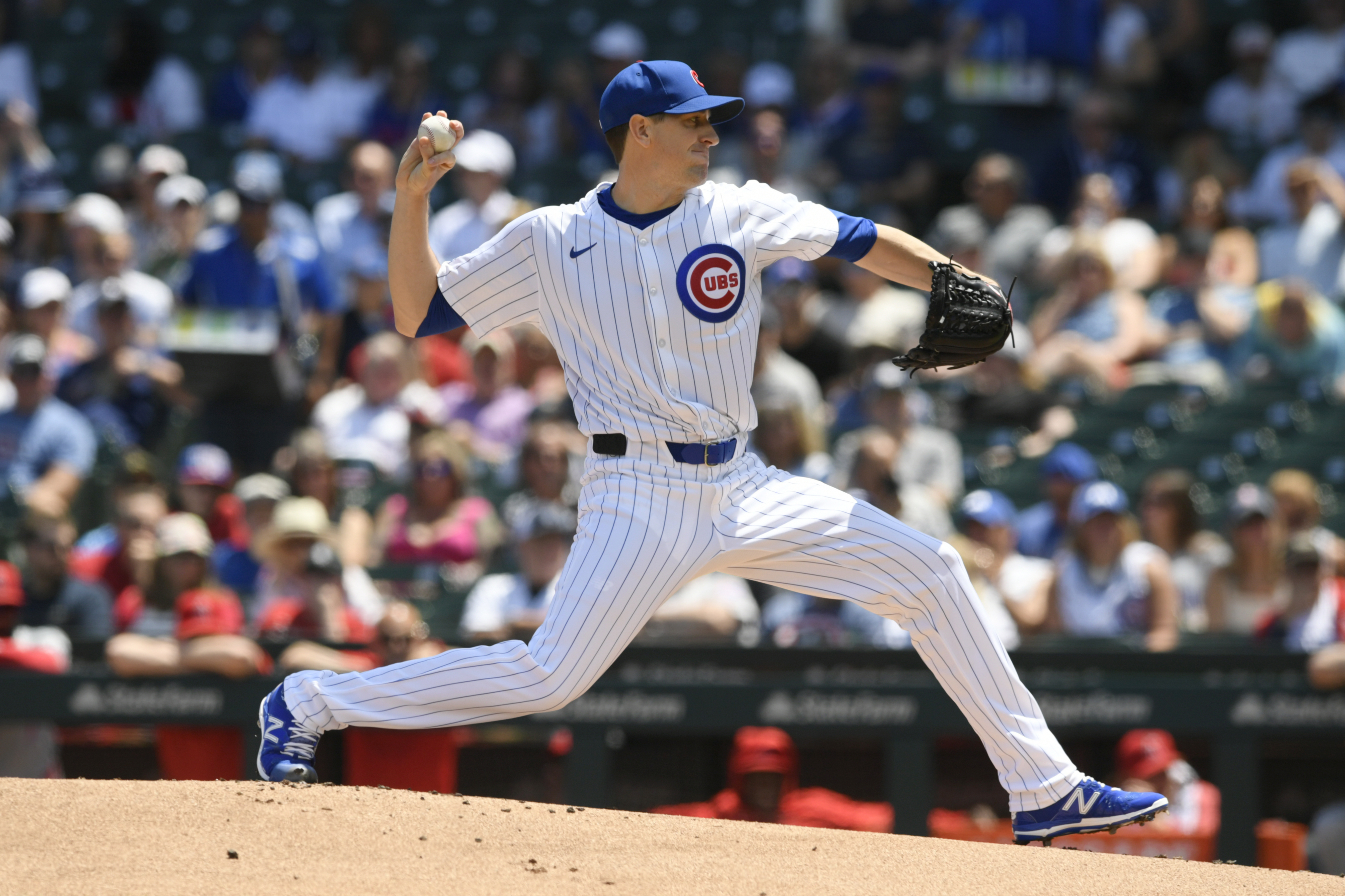 Chicago Cubs starter Kyle Hendricks delivers a pitch during the first inning of a baseball game against the Los Angeles Angels, Saturday, July 6, 2024, in Chicago.