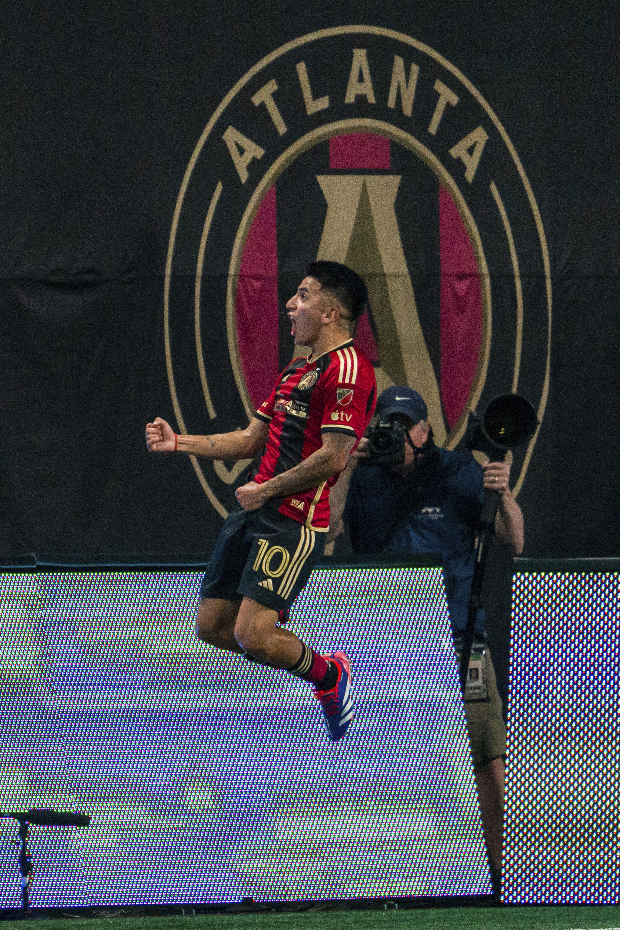 Atlanta United midfielder Thiago Almada celebrates after a goal during the first half of an MLS soccer match against Toronto FC, Saturday, June 29, 2024, in Atlanta. 