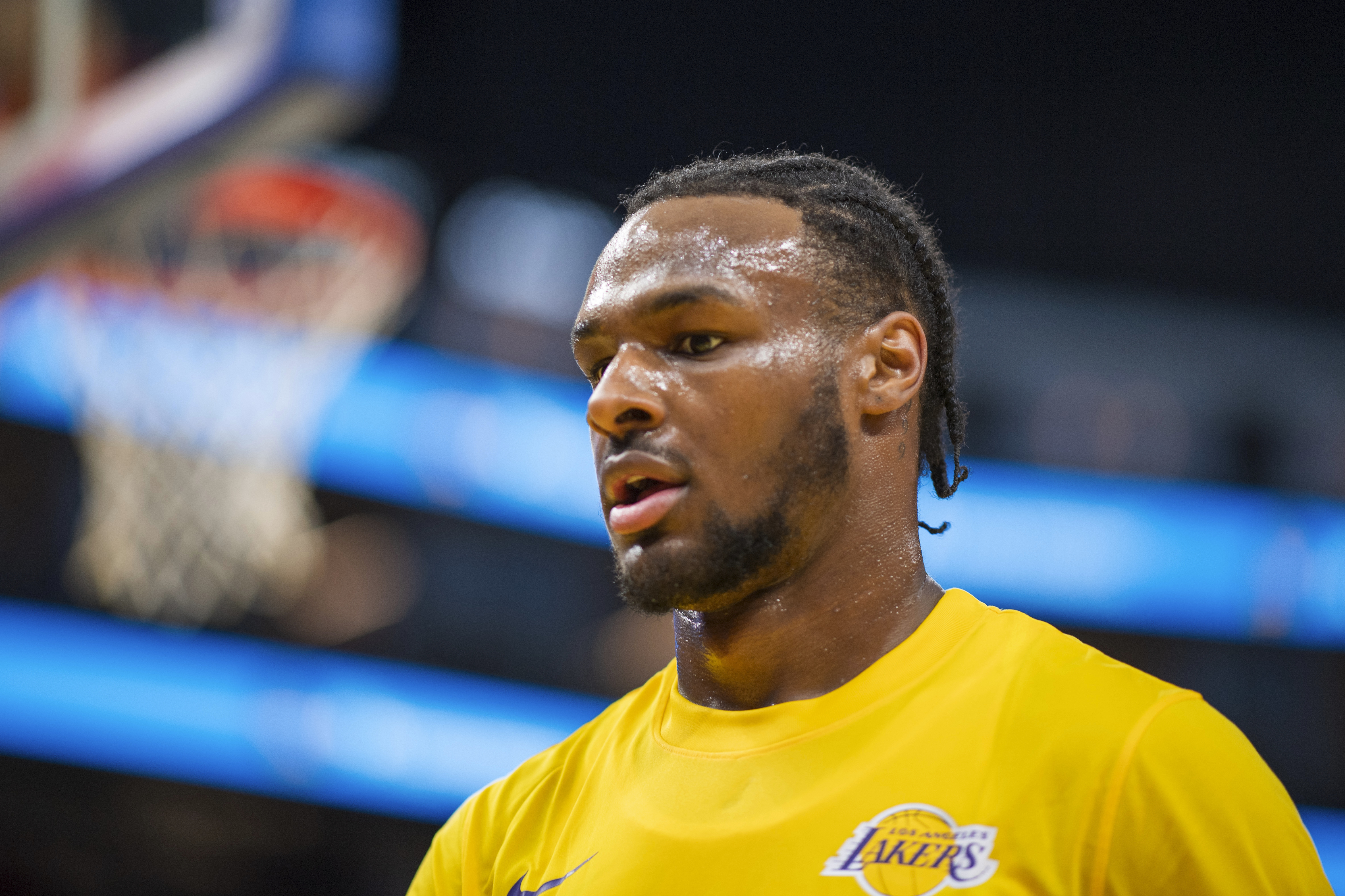 Los Angeles Lakers guard Bronny James walks off the court before an NBA summer league basketball game against the Sacramento Kings in San Francisco , Saturday, July 6, 2024. 