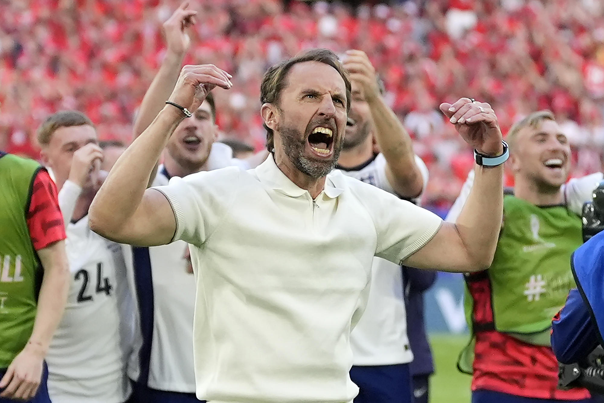 England's manager Gareth Southgate celebrates after winning the penalty shootout of a quarterfinal match between England and Switzerland at the Euro 2024 soccer tournament in Duesseldorf, Germany, Saturday, July 6, 2024. 