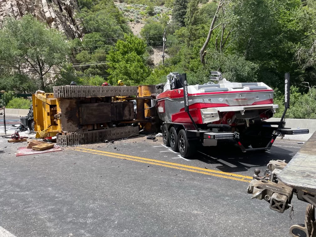 A Weber County jury convicted a tow truck driver of negligent homicide, not manslaughter as prosecutors sought, in a crash that killed a Utah CEO and his daughter. The photo shows the aftermath of the July 6, 2024, crash.