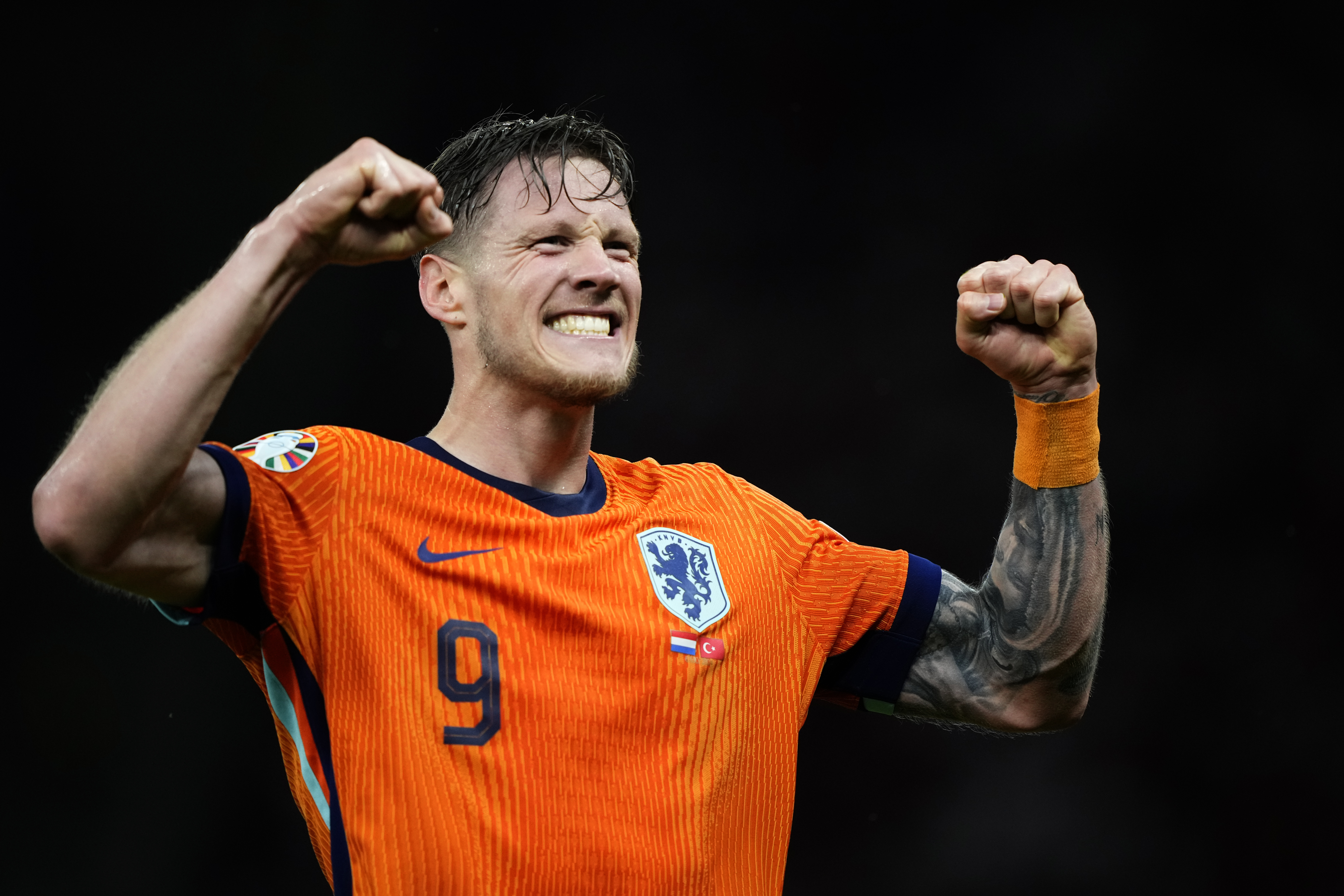Wout Weghorst of the Netherlands celebrate at the end of a quarterfinal match between the Netherlands and Turkey at the Euro 2024 soccer tournament in Berlin, Germany, Saturday, July 6, 2024. 