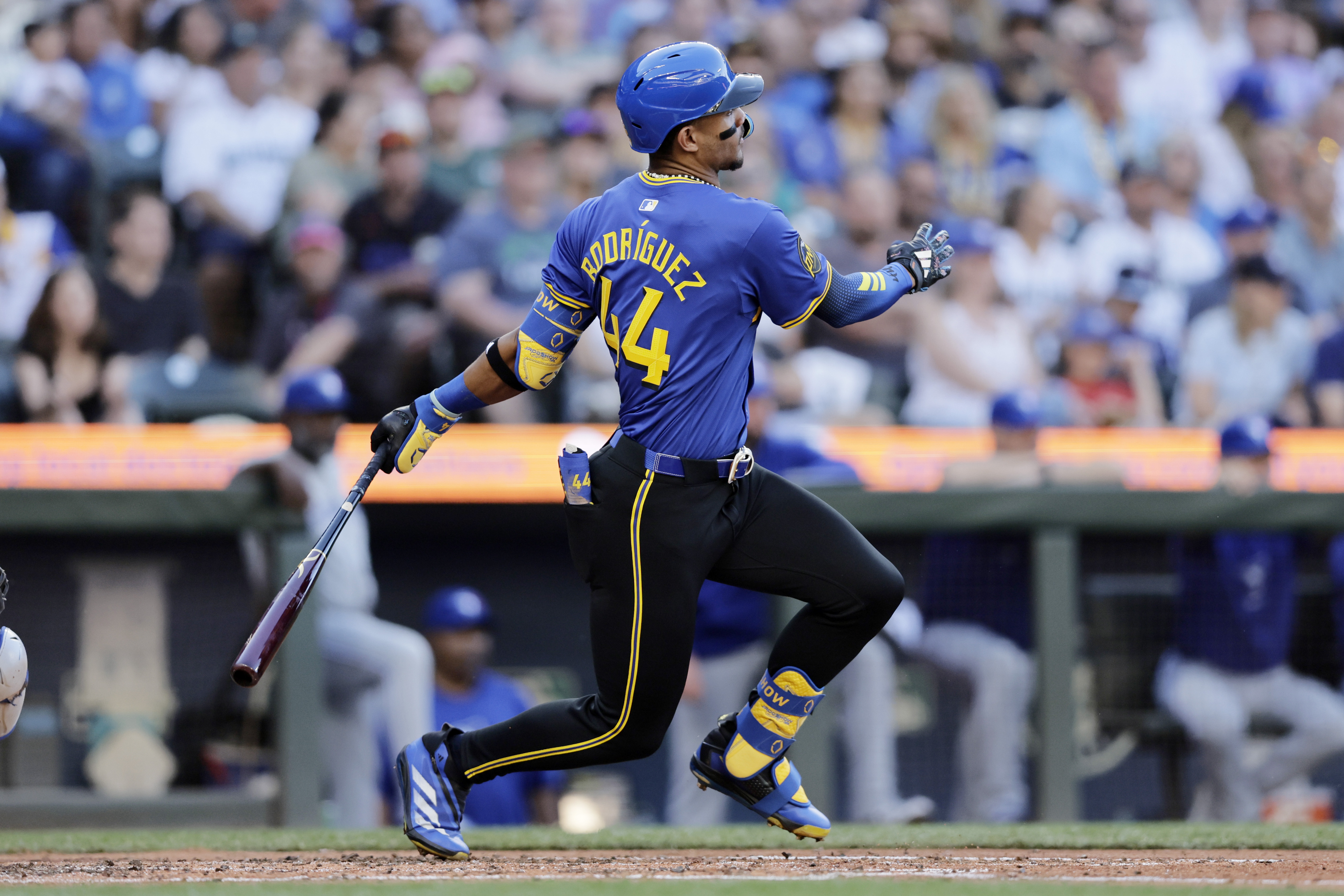 Seattle Mariners' Julio Rodriguez hits a single against the Toronto Blue Jays during the third inning in a baseball game, Friday, July 5, 2024, in Seattle.
