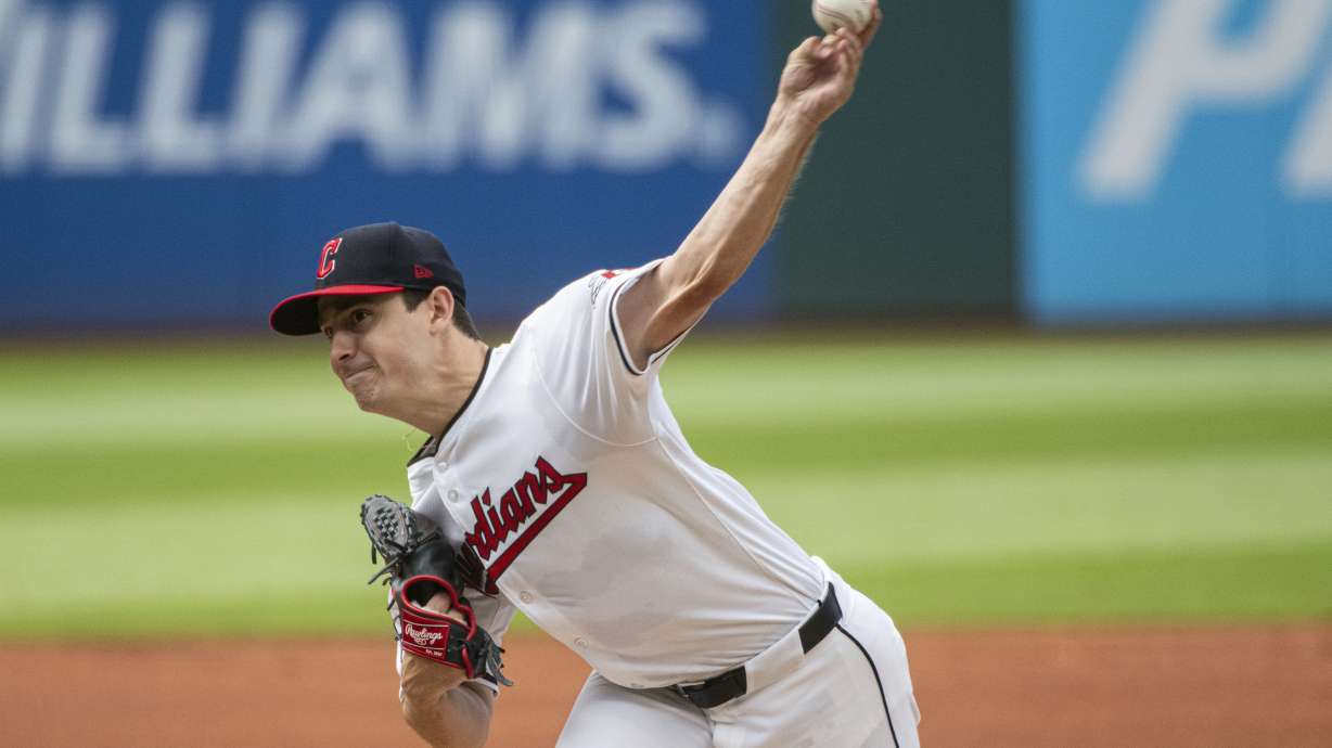 Cleveland Guardians starting pitcher Logan Allen delivers during the first inning of a baseball game against the San Francisco Giants in Cleveland, Saturday, July 6, 2024.