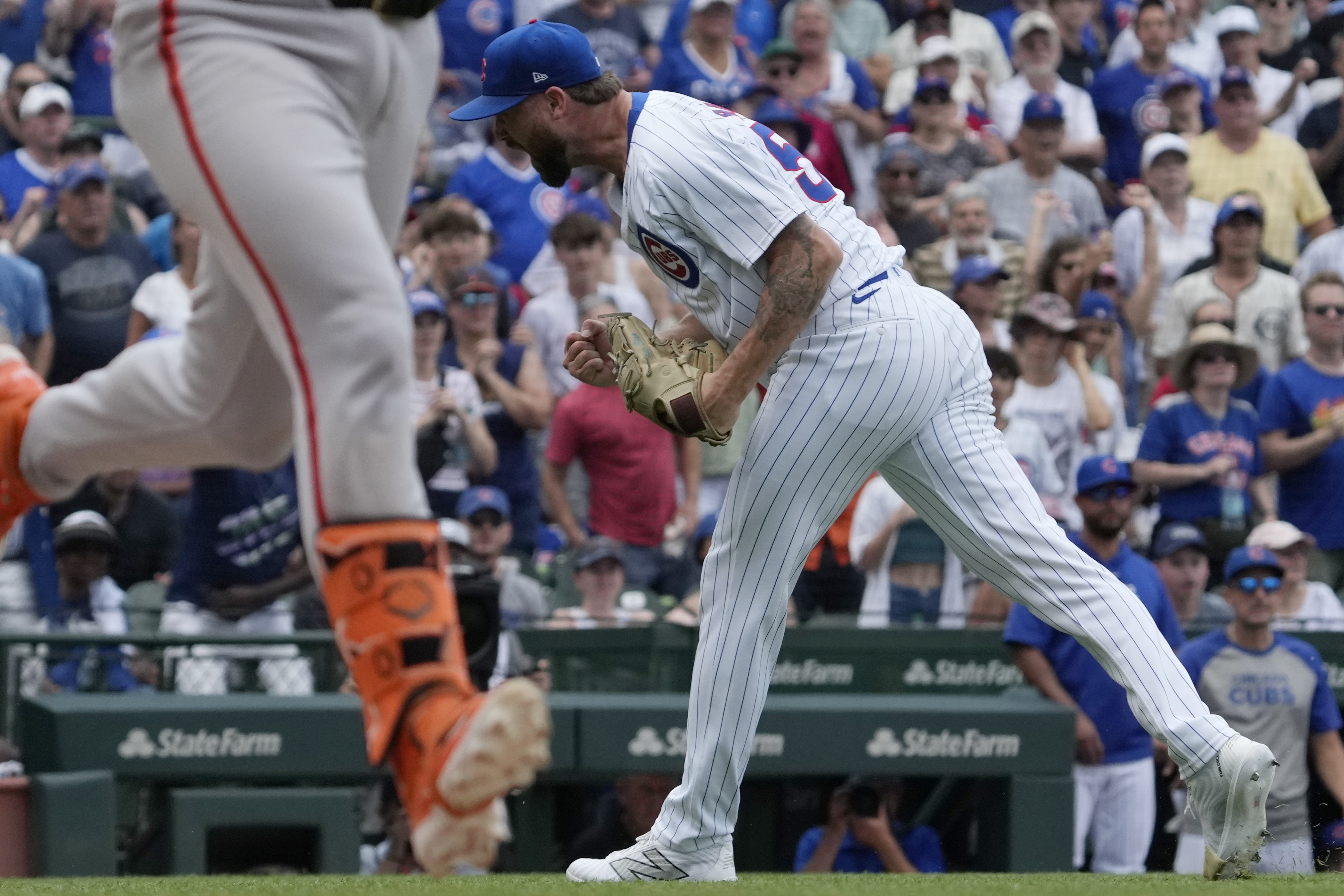 Chicago Cubs relief pitcher Colten Brewer reacts after the Cubs defeated the San Francisco Giants 6-5 in a baseball game in Chicago, Wednesday, June 19, 2024.
