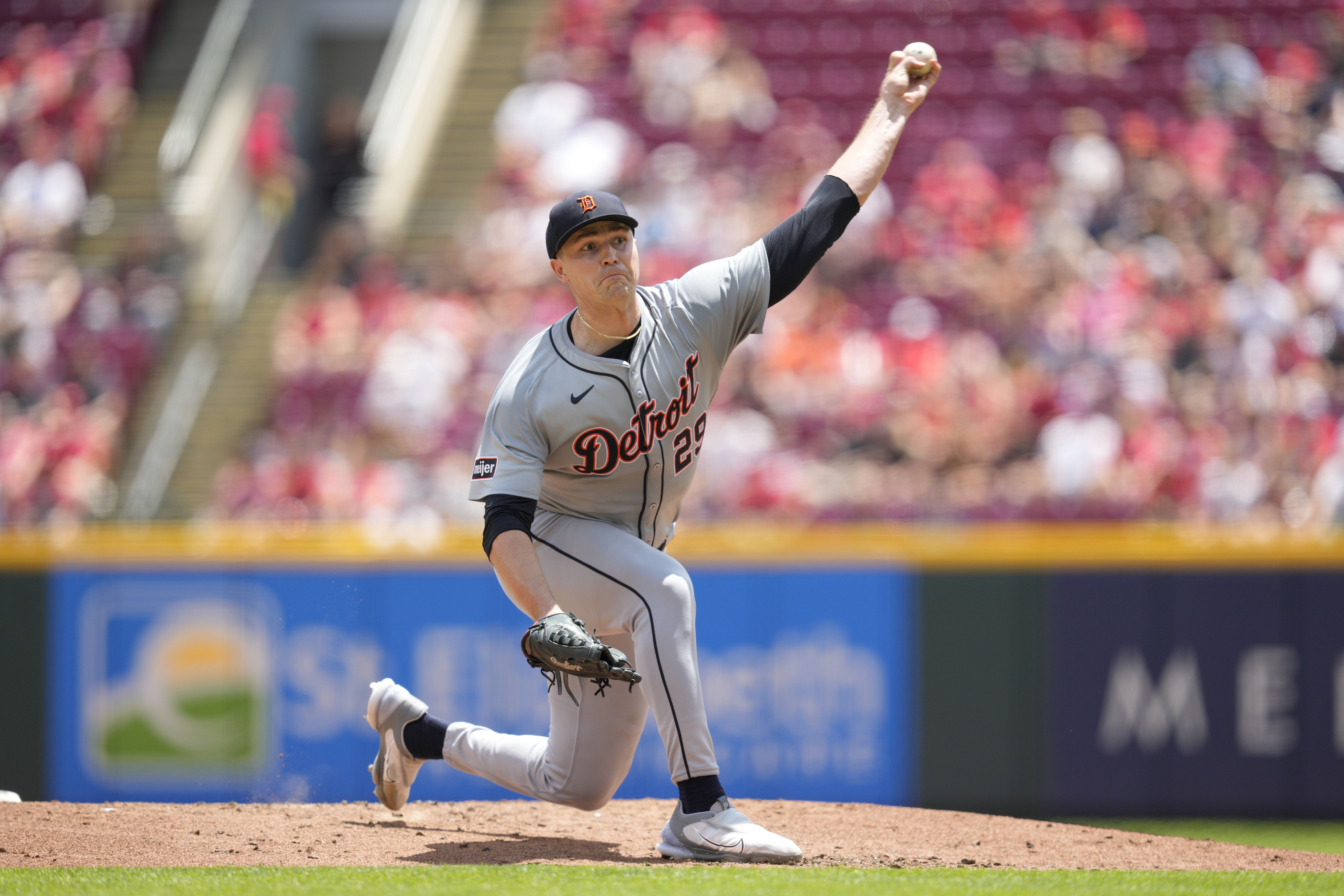 Detroit Tigers pitcher Tarik Skubal throws in the second inning of a baseball game against the Cincinnati Reds in Cincinnati, Sunday, July 7, 2024. 