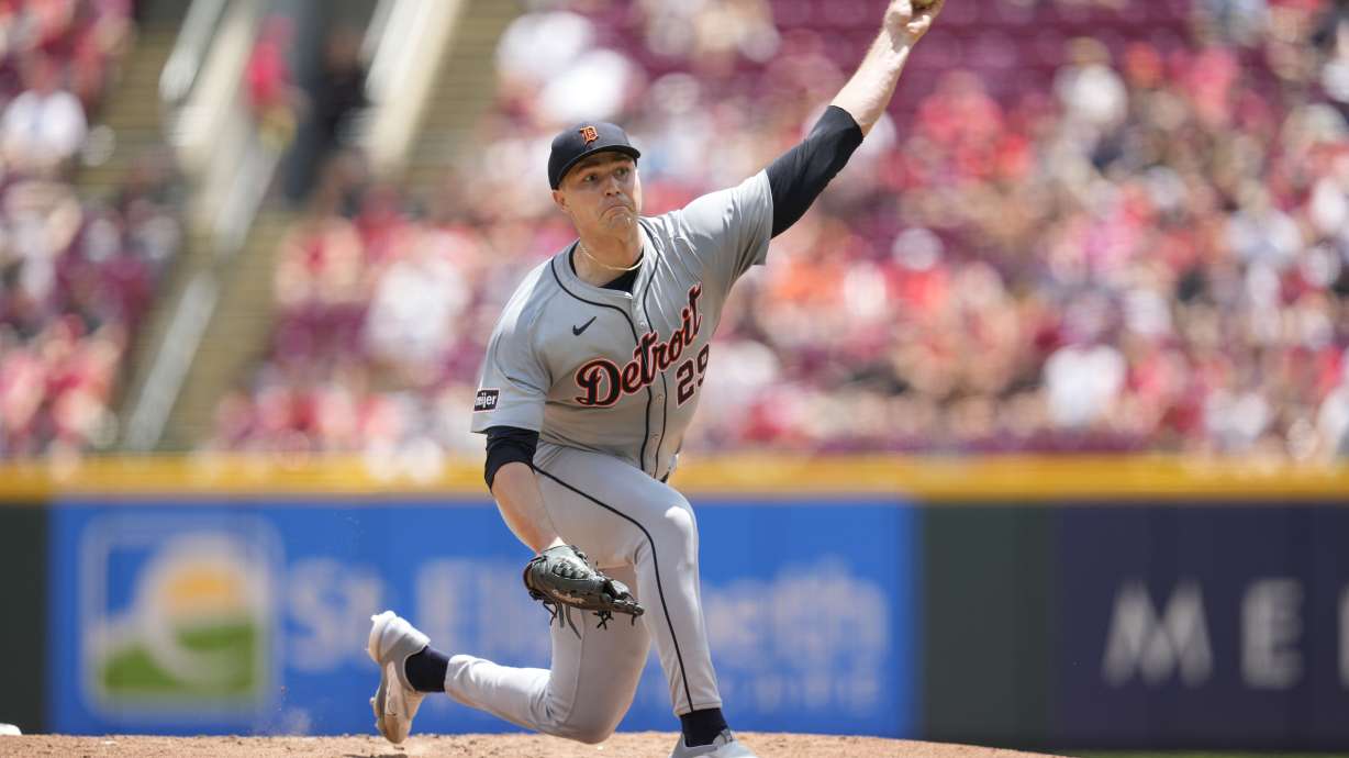 Detroit Tigers pitcher Tarik Skubal throws in the second inning of a baseball game against the Cincinnati Reds in Cincinnati, Sunday, July 7, 2024.