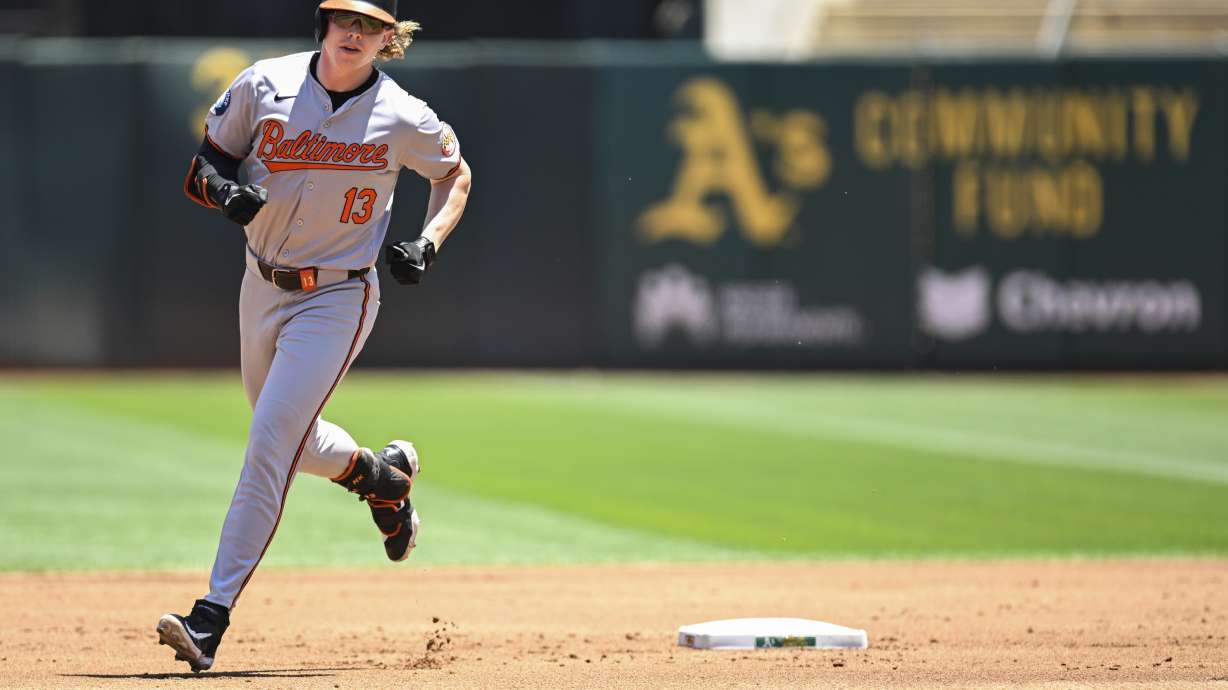 Baltimore Orioles outfielder Heston Kjerstad runs the bases after his three-run home run against the Oakland Athletics during the first inning inning of a baseball game Sunday, July 7, 2024, in Oakland, Calif.