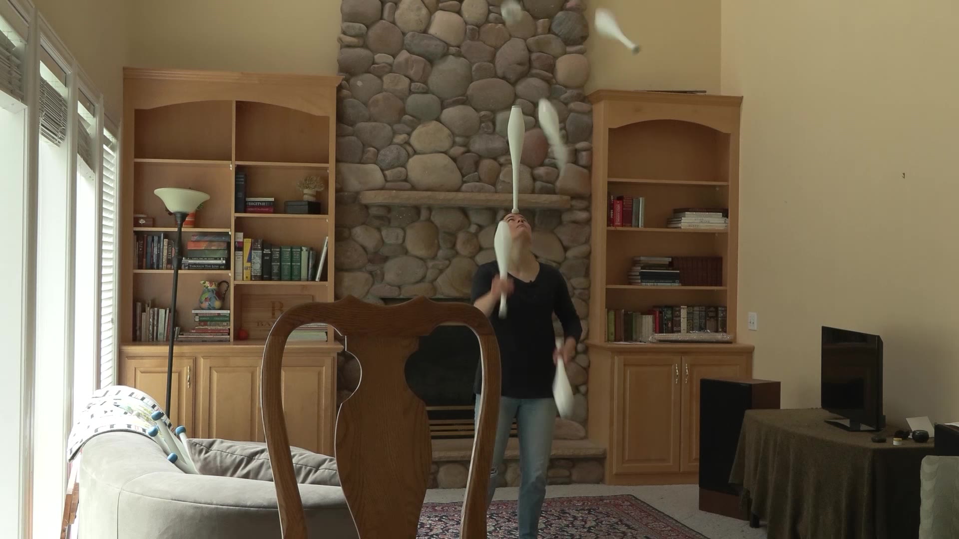 Delaney Bayles in her living room practicing her juggling skills in an undated photo.