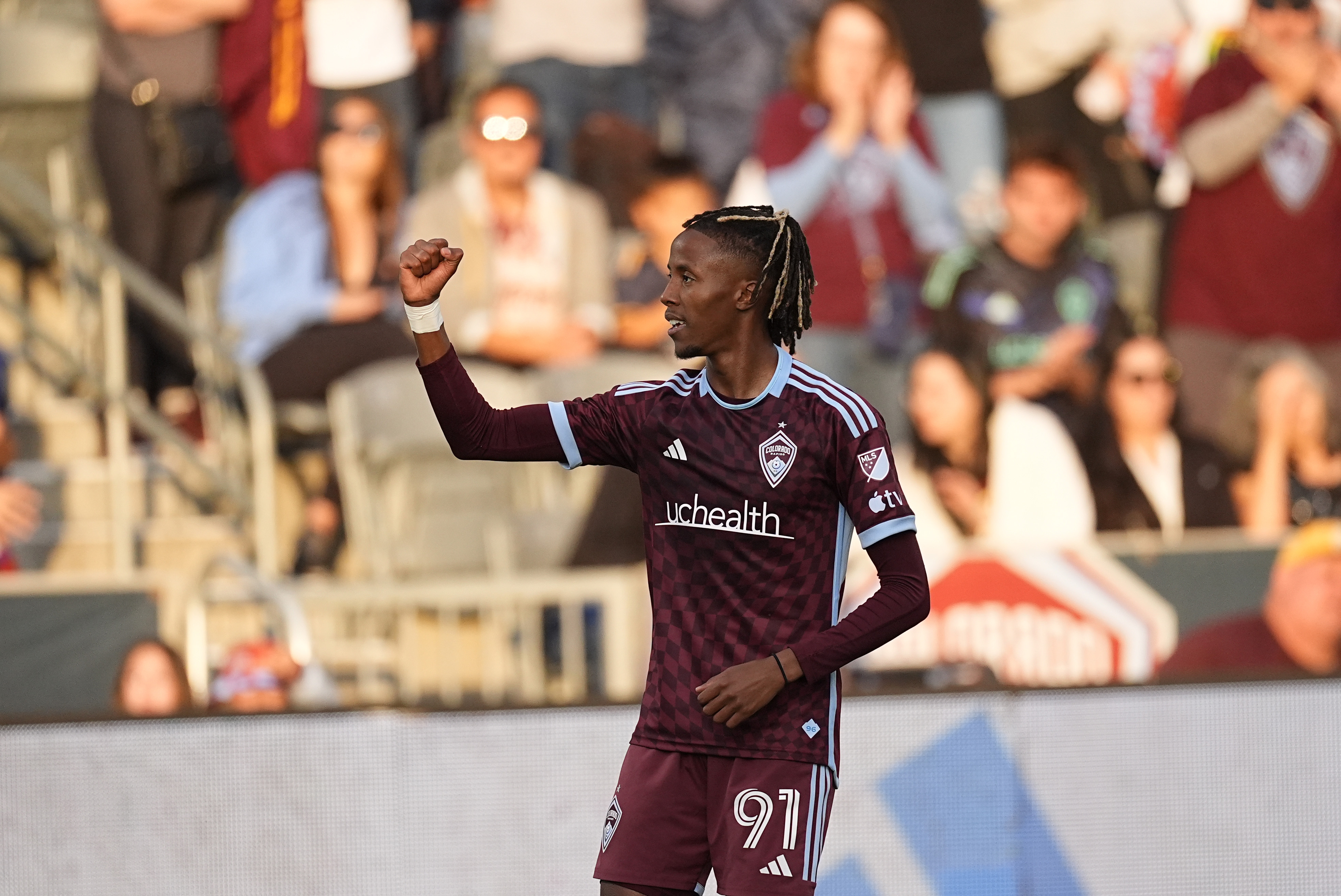Colorado Rapids forward Kévin Cabral celebrates after scoring a goal in the first half of a soccer match against St. Louis City, Sunday, July 7, 2024, in Commerce City, Colo. 