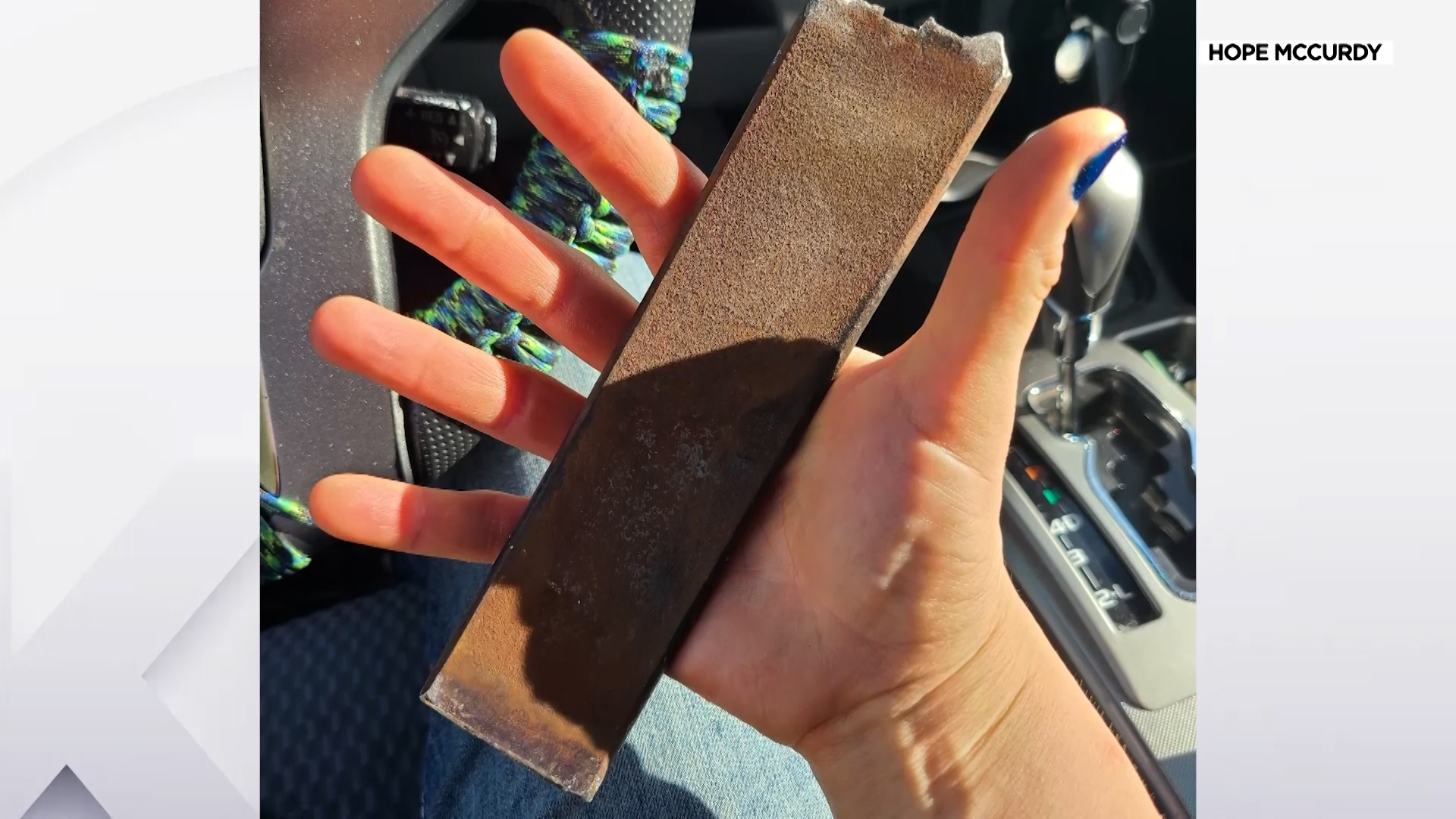 A 9-inch by 2-inch piece of metal flew at Hope McCurdy’s car as she drove on I-15 in Salt Lake County on June 21. It crashed into the car's windshield, hit her, and landed in her lap.