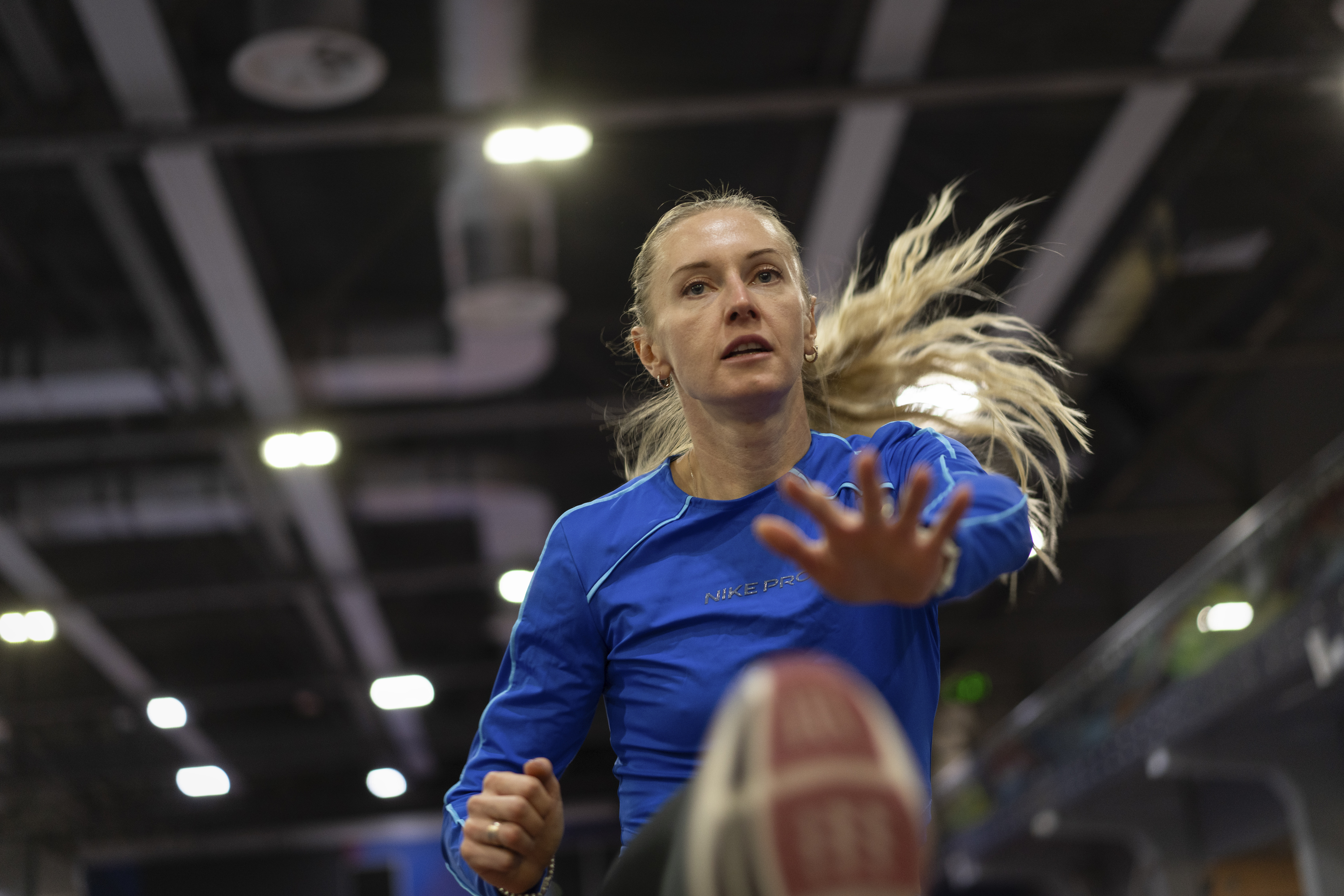 Hurdler Anna Ryzhykova trains at the sports center in Kyiv, Ukraine on Monday, Jan. 8, 2024. Her competitions are no longer strictly an individual battle, but war on a different front. Her goal is not just gold, but also to rivet global attention on her country’s fight for survival against Russia. “You’re not doing it for yourself anymore,” she says. “Winning a medal just for yourself, being a champion, realizing your ambitions — it’s inappropriate.”