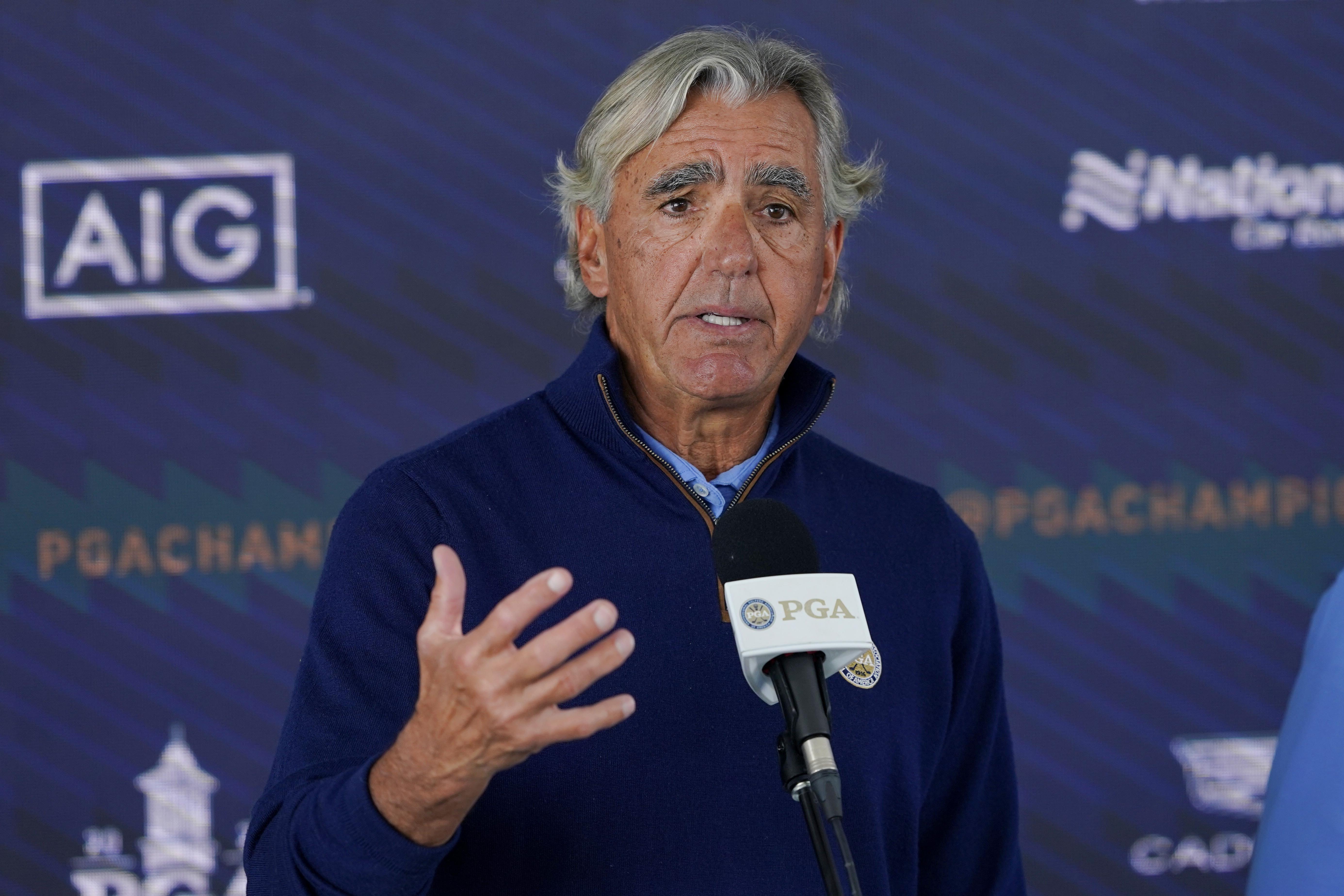FILE - PGA of America CEO Seth Waugh speaks during a news conference at the PGA Championship golf tournament, Tuesday, May 17, 2022, in Tulsa, Okla. Waugh is not renewing his contract after six years as CEO. 
