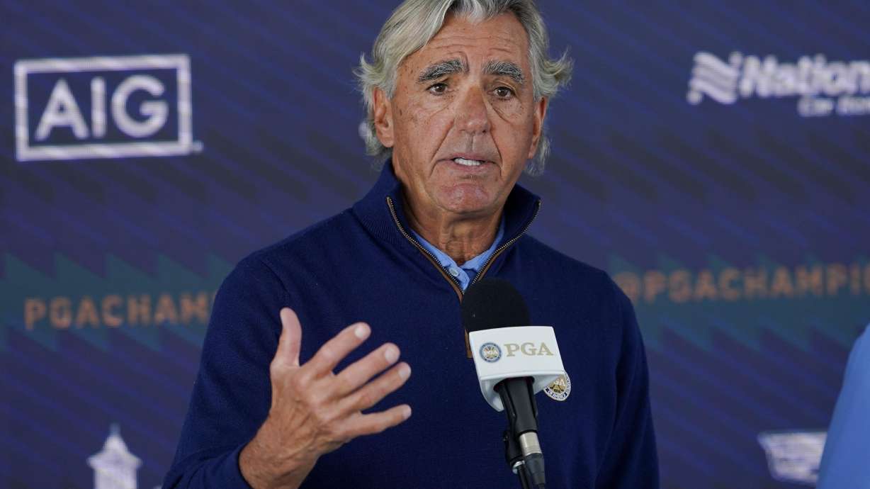 FILE - PGA of America CEO Seth Waugh speaks during a news conference at the PGA Championship golf tournament, Tuesday, May 17, 2022, in Tulsa, Okla. Waugh is not renewing his contract after six years as CEO.