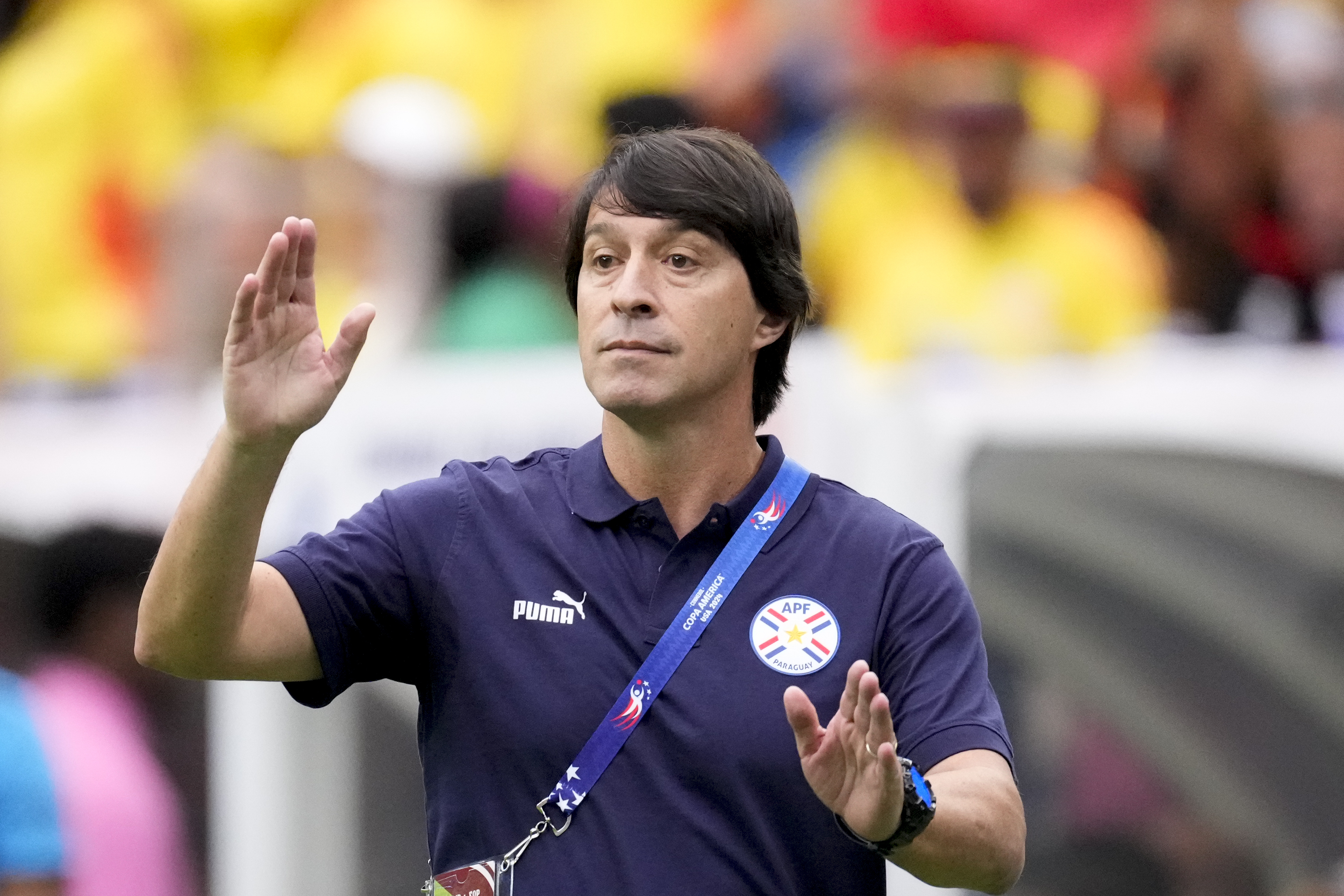 Paraguay's coach Daniel Garnero reacts during a Copa America Group D soccer match against Colombia in Houston, Monday, June 24, 2024.
