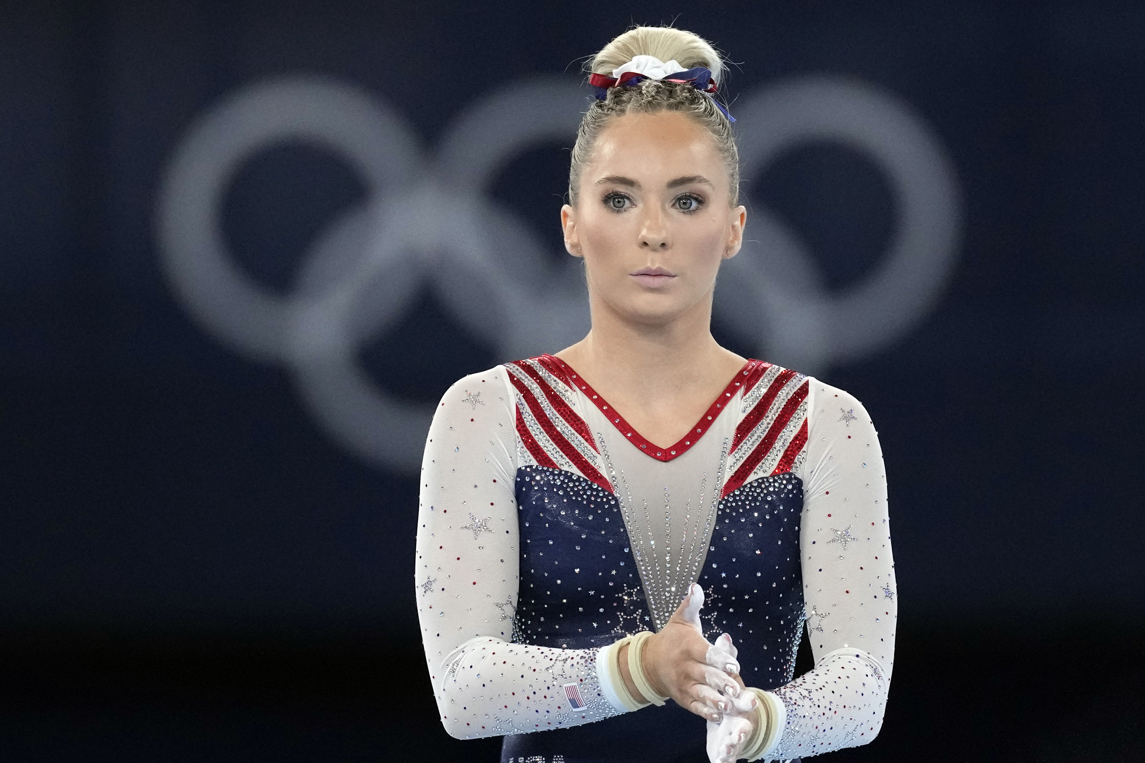 FILE- Mykayla Skinner, of United States, prepares to vault during the artistic gymnastics women's apparatus final at the 2020 Summer Olympics, Sunday, Aug. 1, 2021, in Tokyo, Japan. The Olympic medal-winning gymnast has come under fire for alleging that gymnastics coaches are scared to do their job out of fear they will be reported for abusive behavior. She has since walked back those comments, saying she did not intend to disrespect any of the women who will compete for the U.S. at the Paris Olympics. 