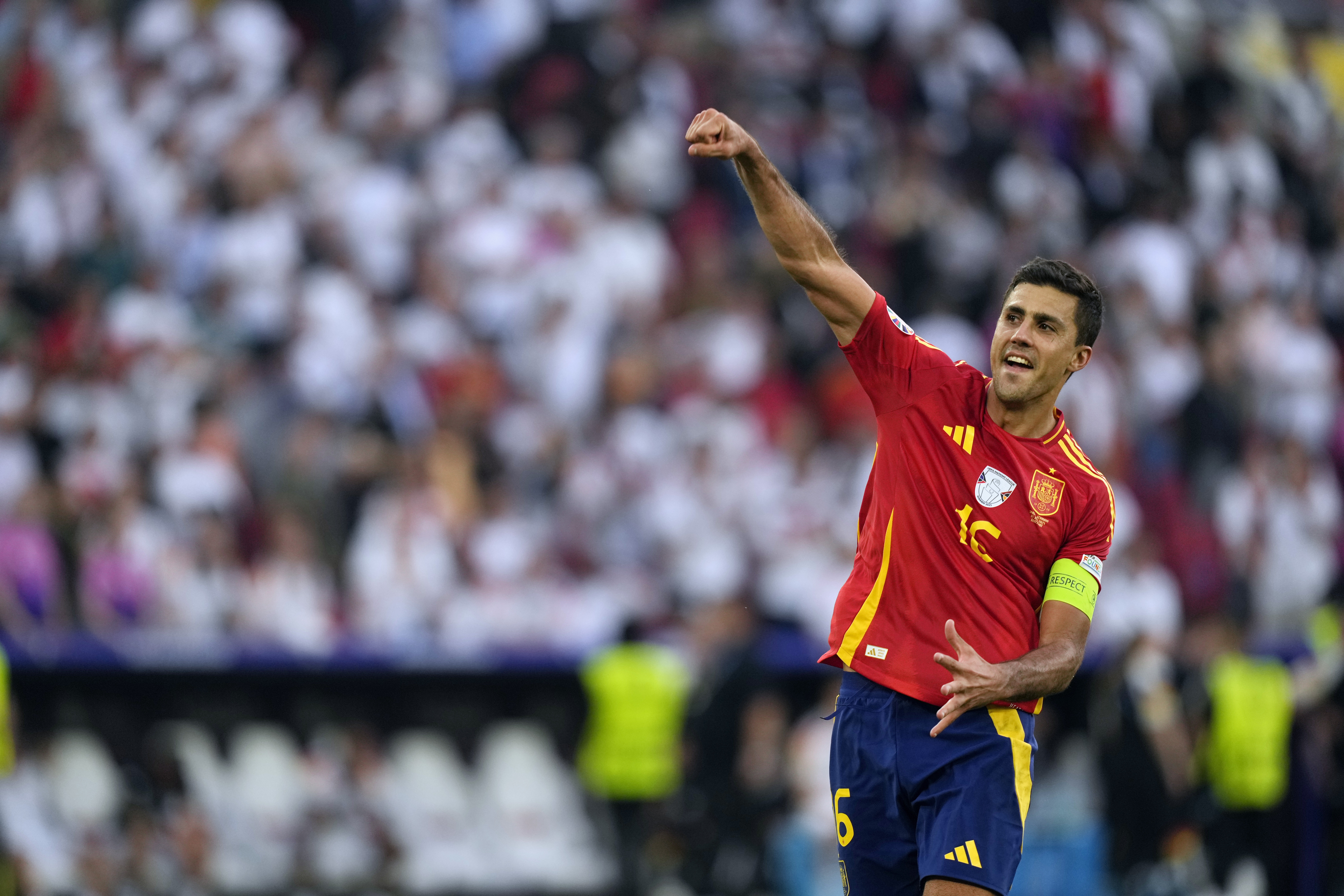 Spain's Rodri celebrates after a quarterfinal match between Germany and Spain at the Euro 2024 soccer tournament in Stuttgart, Germany, Friday, July 5, 2024. 