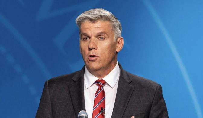 Then-state Rep. Phil Lyman speaks during the gubernatorial GOP primary debate held at the Eccles Broadcast Center in Salt Lake City on June 11, 2024. Lyman is running against incumbent Rep. Celeste Maloy in the primary for Utah's 3rd congressional district.
