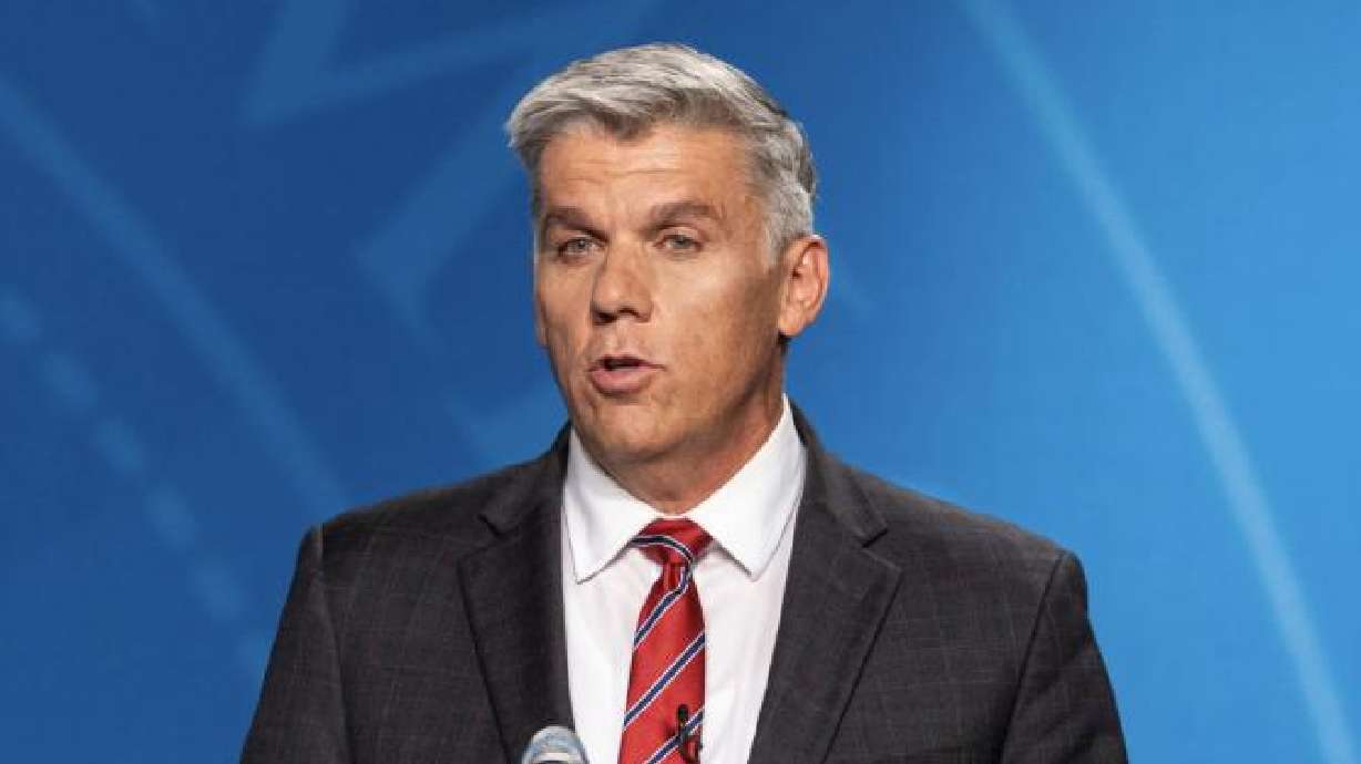 Utah Rep. Phil Lyman speaks during Utah’s gubernatorial GOP primary debate held at the Eccles Broadcast Center in Salt Lake City on June 11.