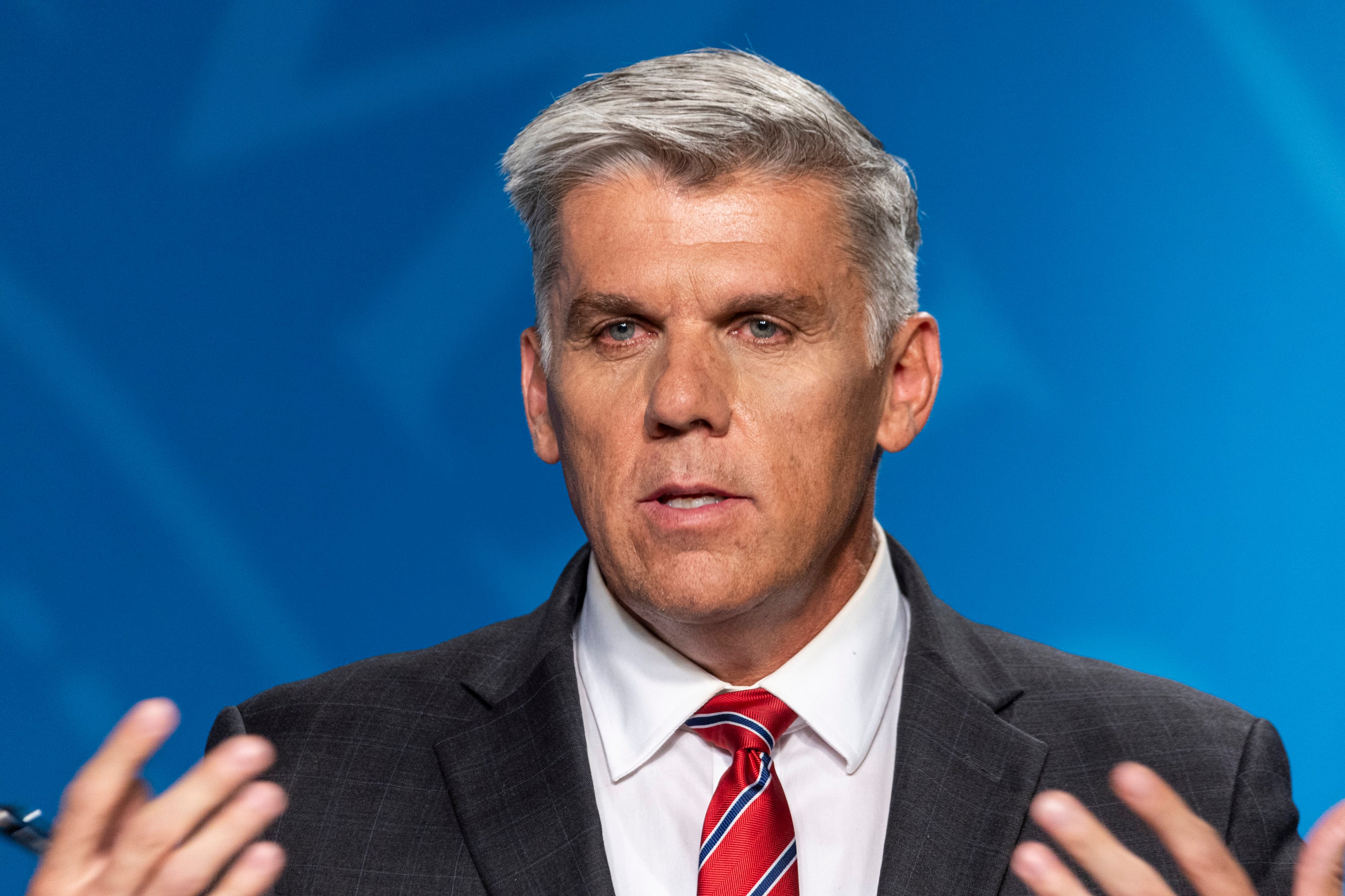 Utah Rep. Phil Lyman speaks during Utah’s gubernatorial GOP primary debate at the Eccles Broadcast Center in Salt Lake City on June 11. Lyman requested the complete Utah primary voter rolls from the Lieutenant Governor's Office.