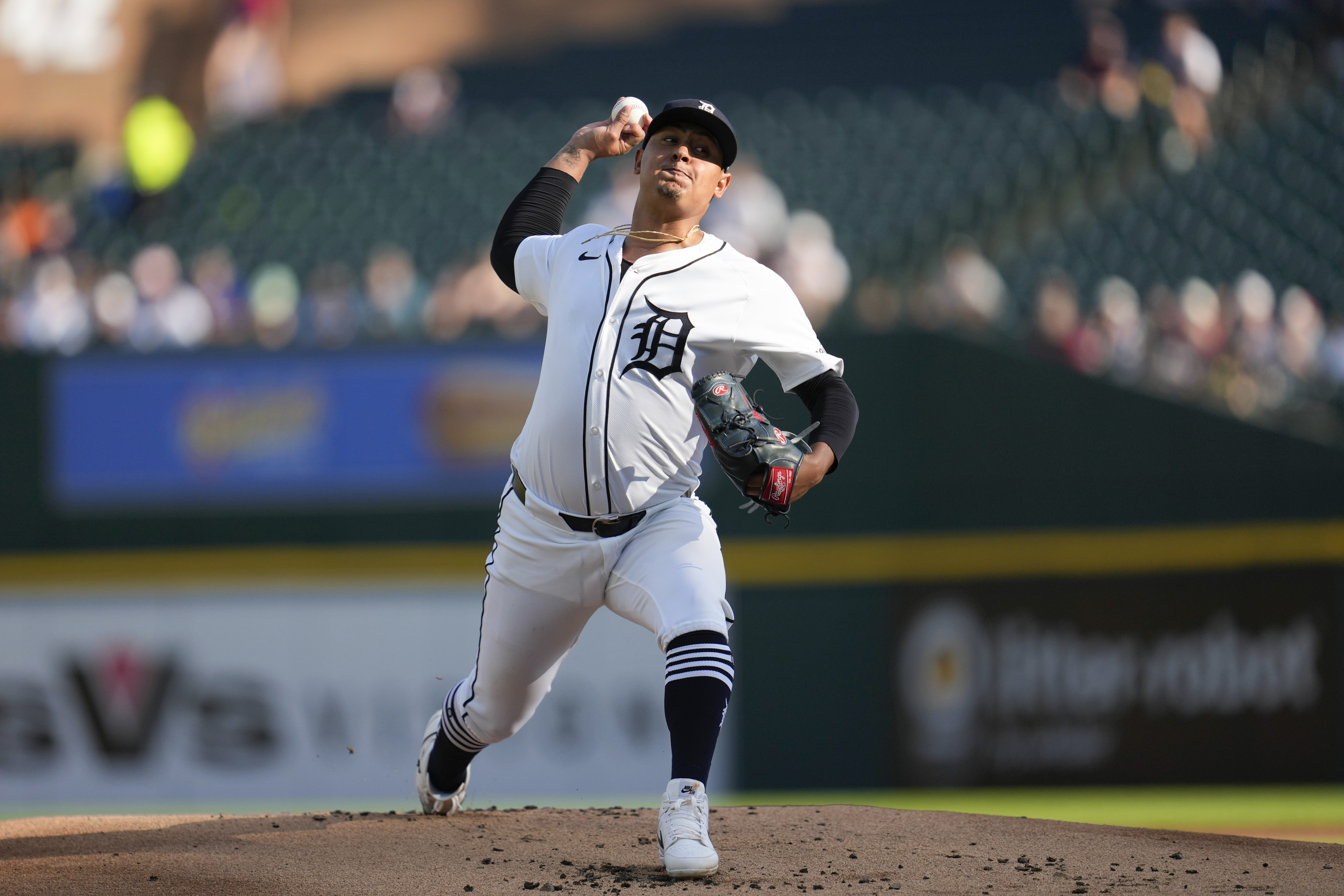 Detroit Tigers pitcher Keider Montero throws against the Cleveland Guardians in the first inning of a baseball game, Monday, July 8, 2024, in Detroit. 