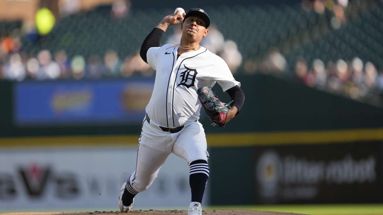 Detroit Tigers pitcher Keider Montero throws against the Cleveland Guardians in the first inning of a baseball game, Monday, July 8, 2024, in Detroit.