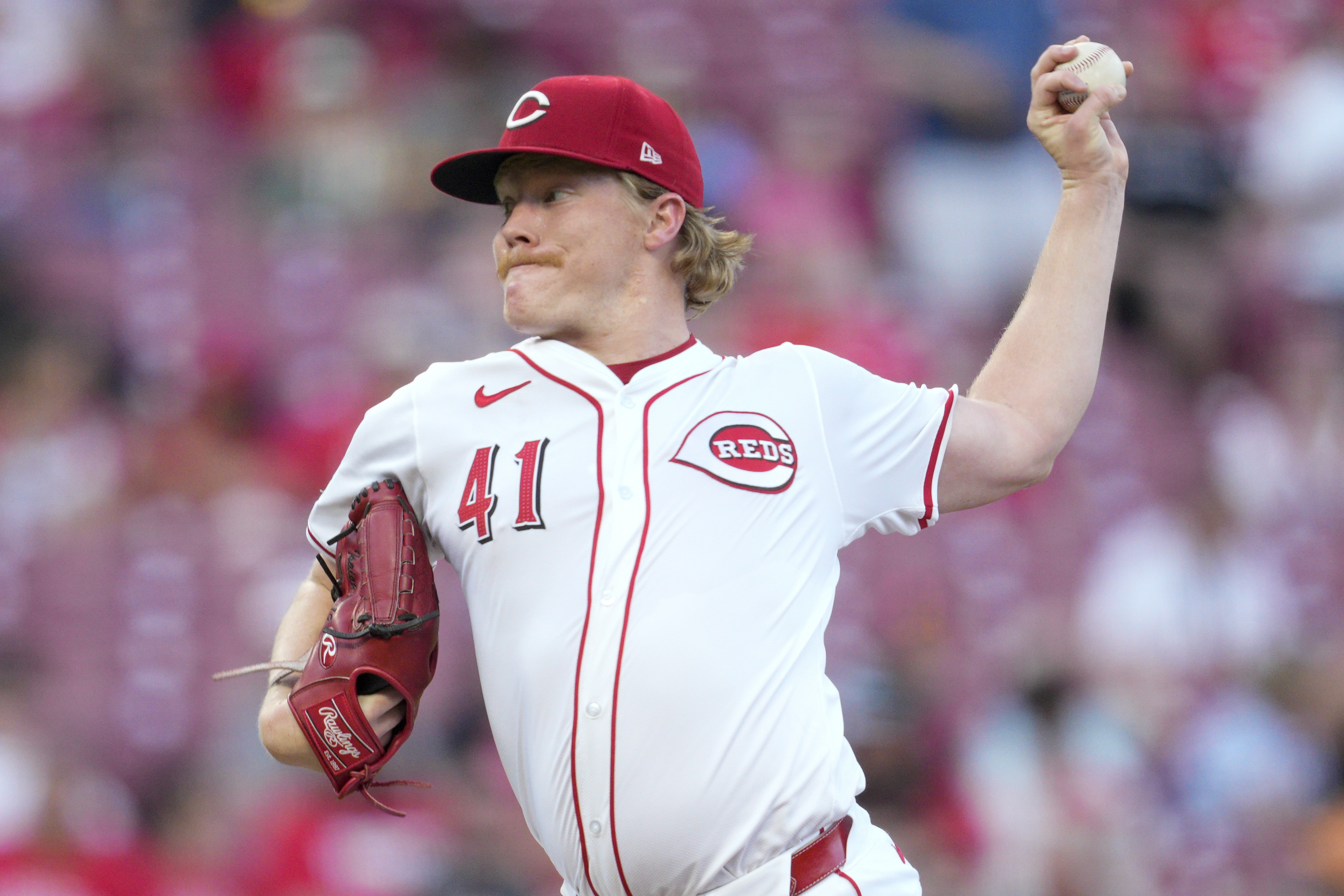 Cincinnati Reds pitcher Andrew Abbott throws during the third inning of a baseball game against the Colorado Rockies, Monday, July 8, 2024 in Cincinnati. 