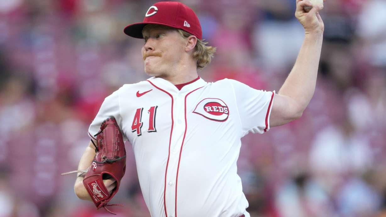 Cincinnati Reds pitcher Andrew Abbott throws during the third inning of a baseball game against the Colorado Rockies, Monday, July 8, 2024 in Cincinnati.