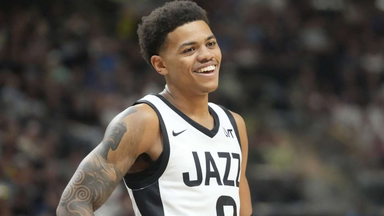 Utah Jazz's Keyonte George (3) smiles during the second half of an NBA summer league basketball game against the Memphis Grizzlies, Monday, July 8, 2024, in Salt Lake City.