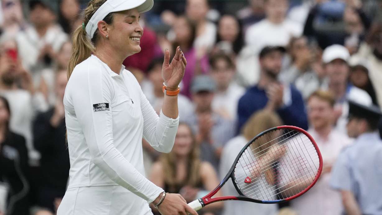 Donna Vekic of Croatia reacts after defeating Lulu Sun of New Zealand in their quarterfinal match at the Wimbledon tennis championships in London, Tuesday, July 9, 2024.