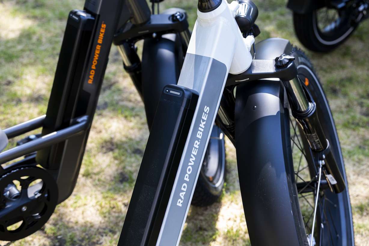 E-bikes are displayed during an event where Salt Lake City announced the launch of its e-bike voucher program held at Washington Square Park in Salt Lake City on Tuesday.