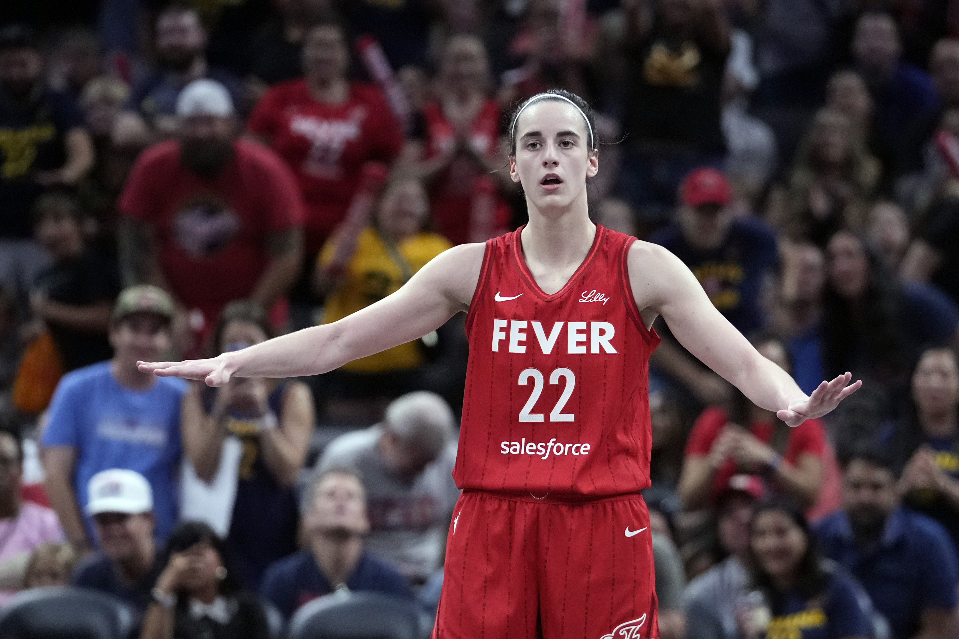 Indiana Fever's Caitlin Clark reacts during the second half of a WNBA basketball game against the New York Liberty, Saturday, July 6, 2024, in Indianapolis. 