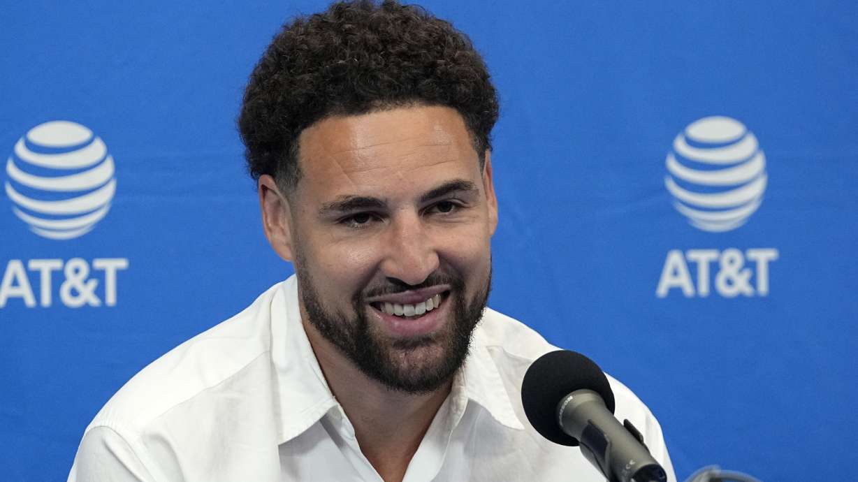 Klay Thompson responds to questions during an NBA basketball news conference where he was introduced as one of the team's latest acquisitions in Dallas, Tuesday, July 9, 2024.