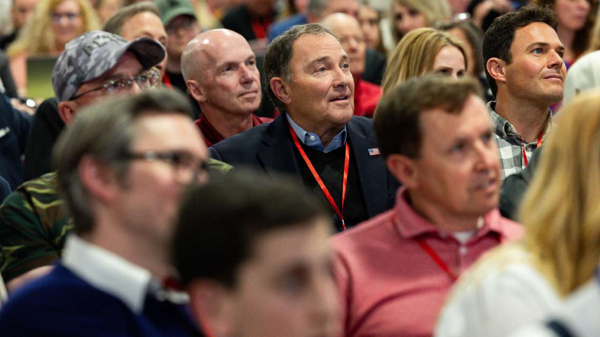 Former Gov. Gary Herbert reacts to Gov. Spencer Cox’s speech at the Utah Republican Party state nominating convention in Salt Lake City on April 27. A new program helps candidates authenticate digital identities amid the rise of artificial intelligence.
