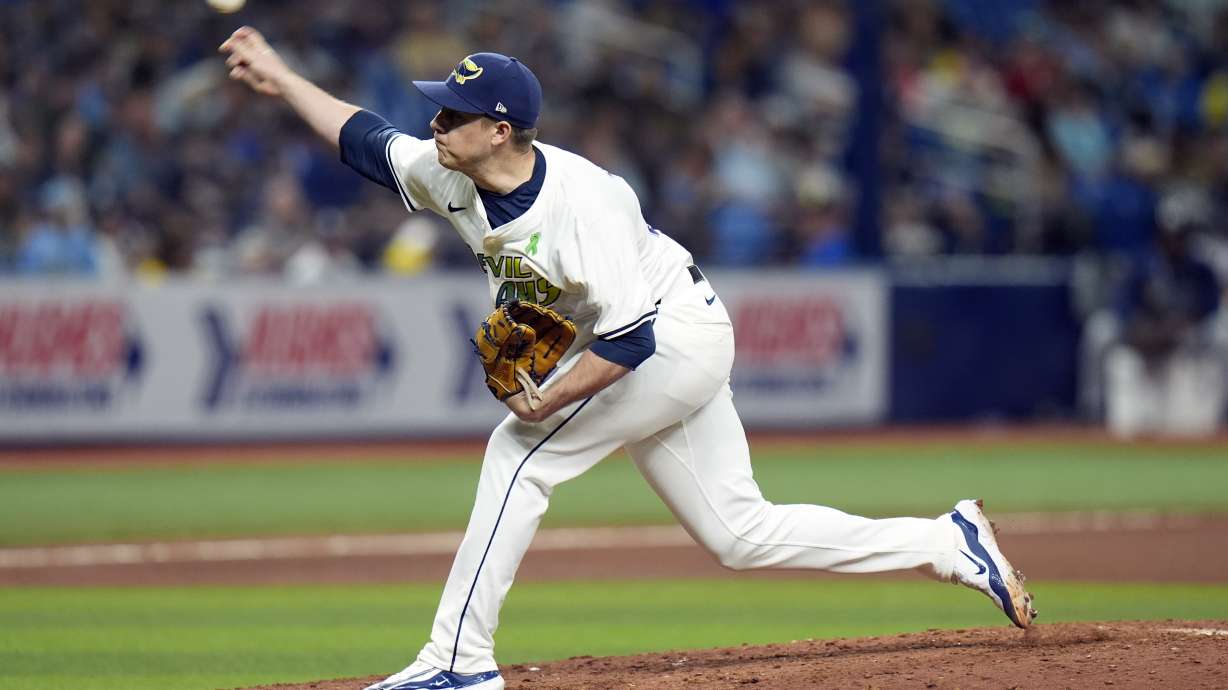 FILE - Tampa Bay Rays relief pitcher Phil Maton against the Kansas City Royals during the eighth inning of a baseball game Friday, May 24, 2024, in St. Petersburg, Fla. Seeking help for a struggling and depleted bullpen, the New York Mets acquired reliever Phil Maton from the Tampa Bay Rays, Tuesday, July 9, 2024, for a player to be named or cash.