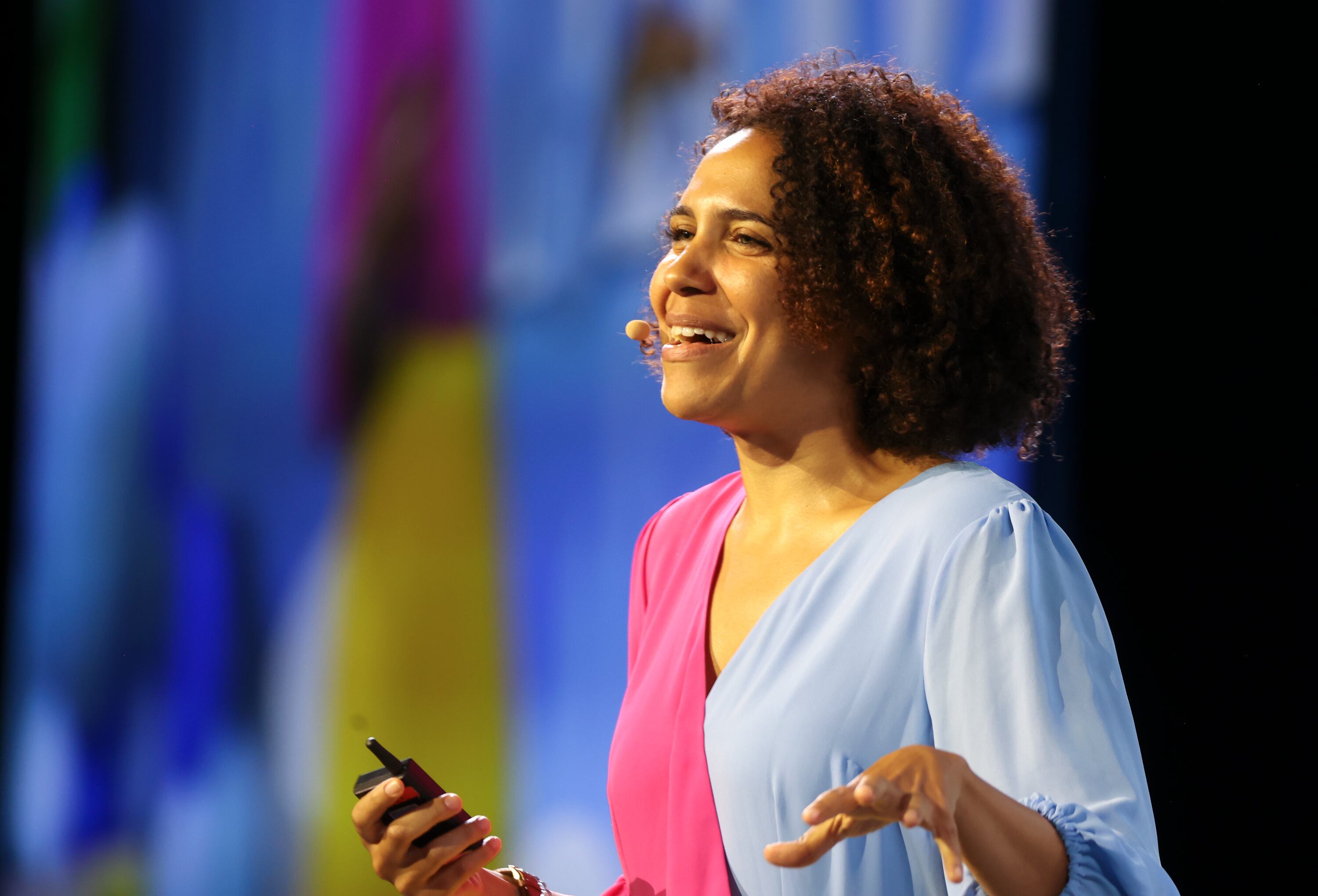 Keynote speaker R. Marisa Franco speaks at the 2024 Show Up For Teachers Conference, hosted by Utah first lady Abby Cox, at the Mountain America Expo Center in Sandy on Tuesday.