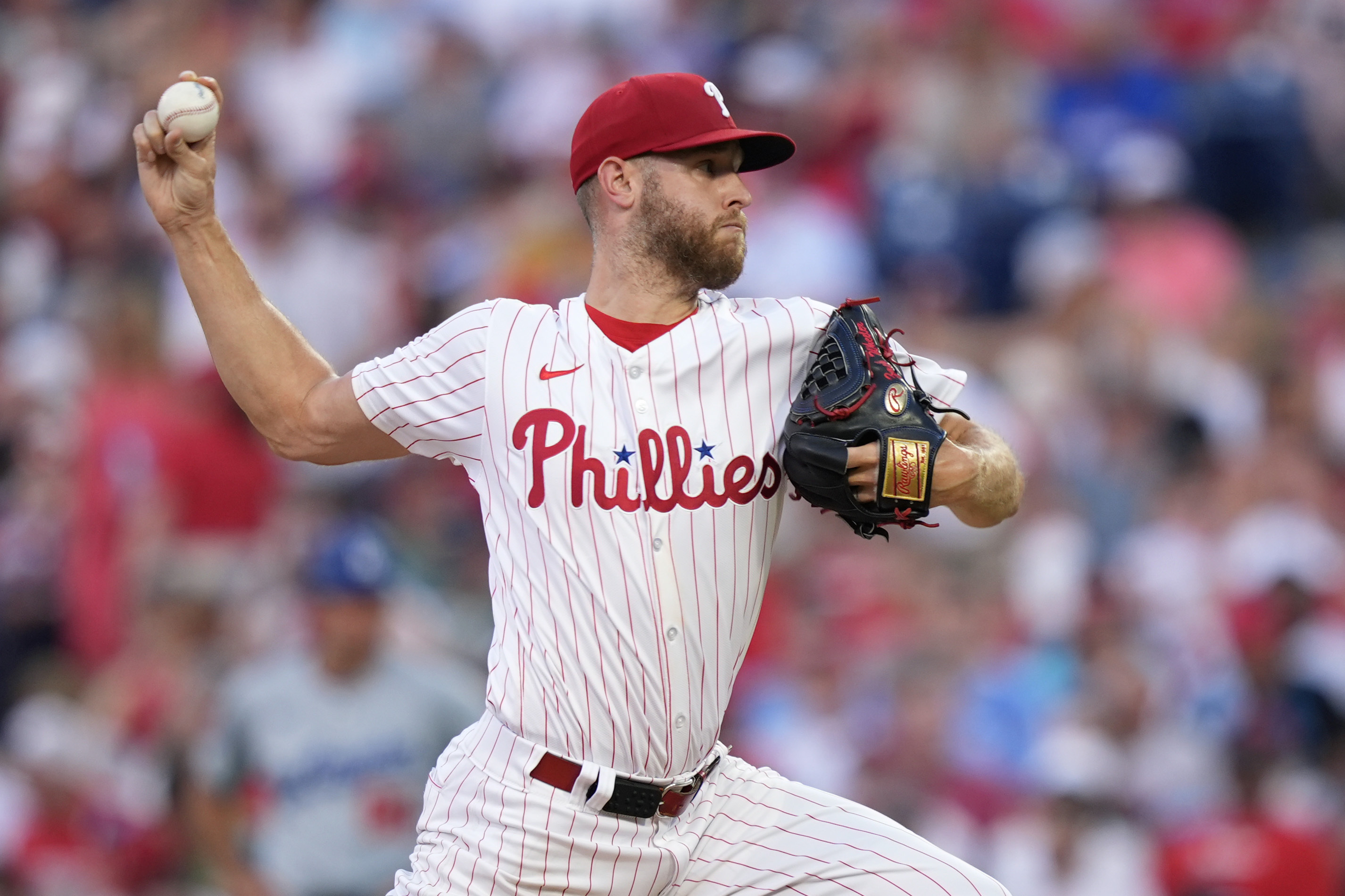 Philadelphia Phillies' Zack Wheeler pitches during the third inning of a baseball game against the Los Angeles Dodgers, Tuesday, July 9, 2024, in Philadelphia. 