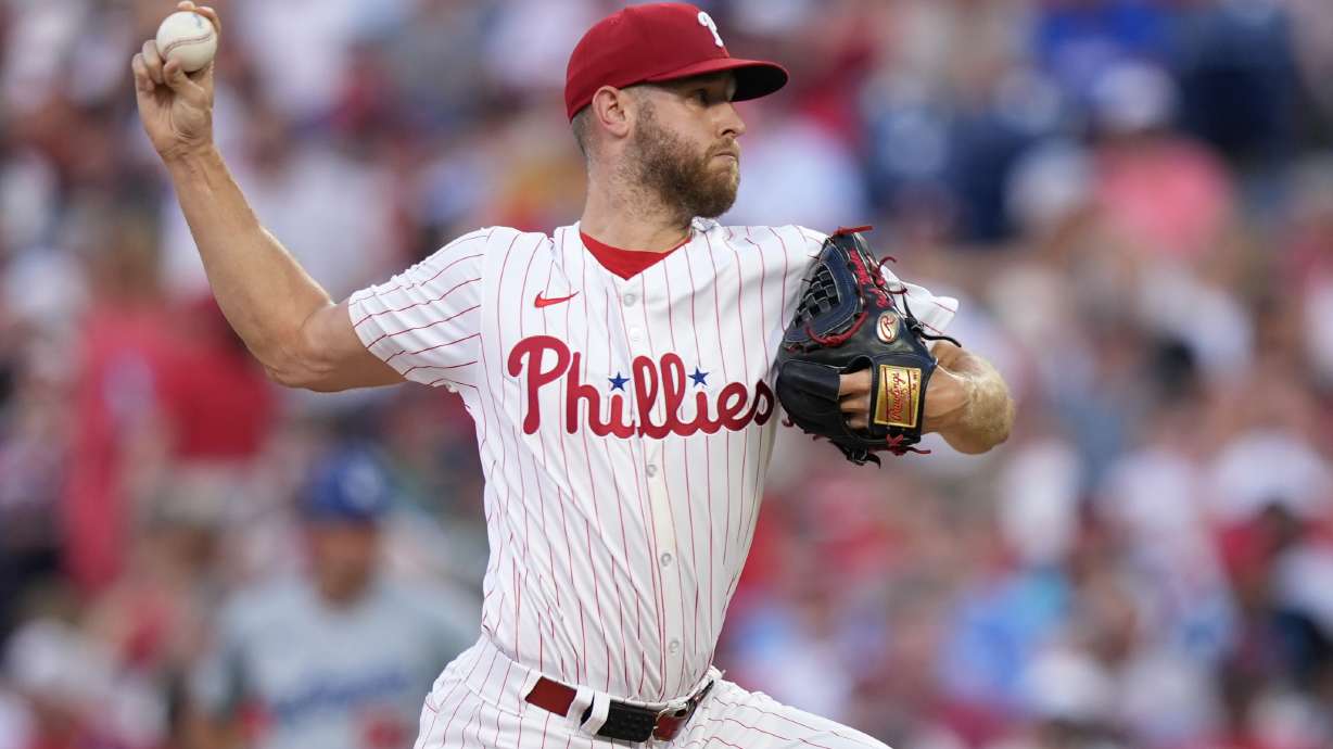 Philadelphia Phillies' Zack Wheeler pitches during the third inning of a baseball game against the Los Angeles Dodgers, Tuesday, July 9, 2024, in Philadelphia.