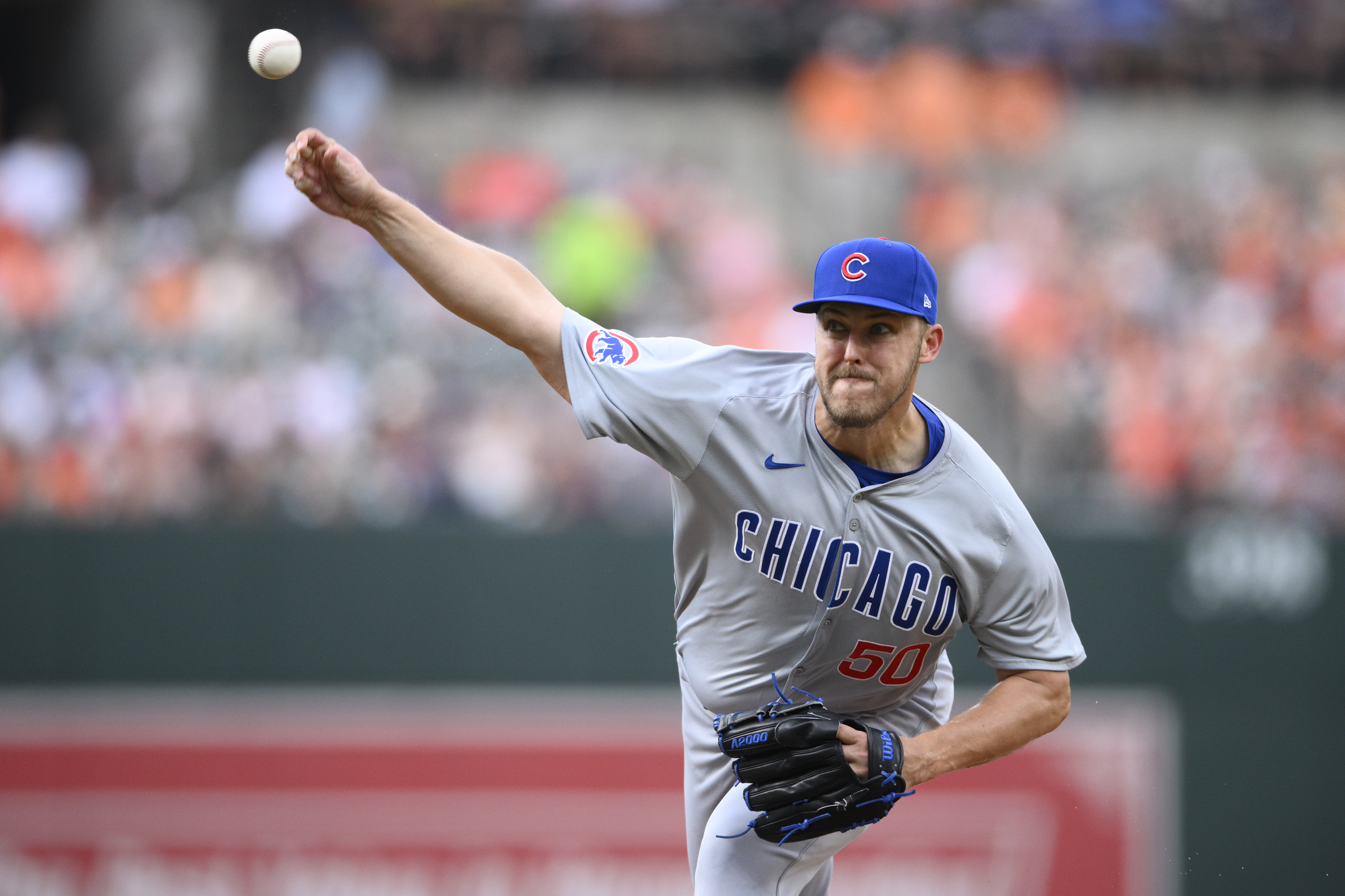 Chicago Cubs starting pitcher Jameson Taillon throws during the first inning of a baseball game against the Baltimore Orioles, Tuesday, July 9, 2024, in Baltimore. 