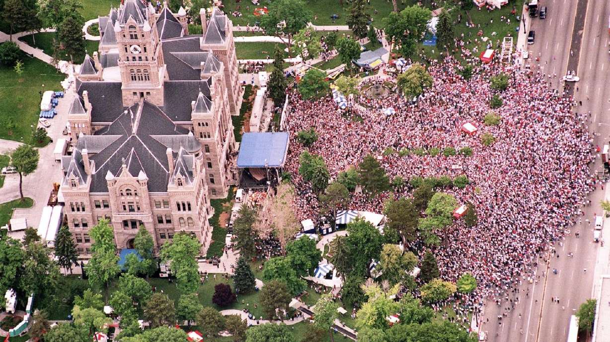 Thousands turned out in front of the Salt Lake City and County Building to watch the announcement of the 2002 Winter Olympics on June 16, 1995.
