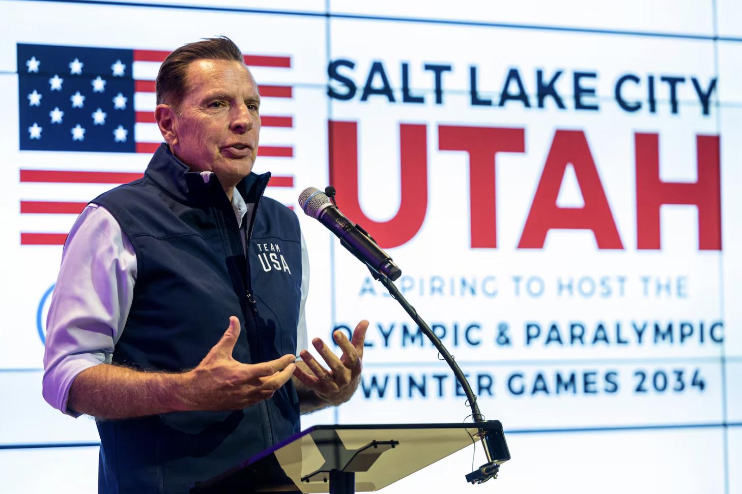 Fraser Bullock, president and CEO of the Salt Lake City-Utah Committee for the Games, speaks during a Paris preview event held by his organization at Kiln in Salt Lake City on Tuesday.