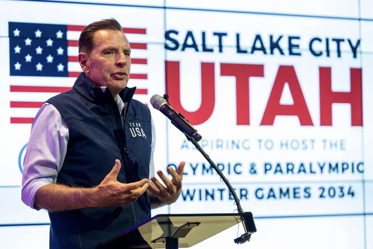 Fraser Bullock, president and CEO of the Salt Lake City-Utah Committee for the Games, speaks during a Paris preview event held by his organization at Kiln in Salt Lake City on Tuesday.