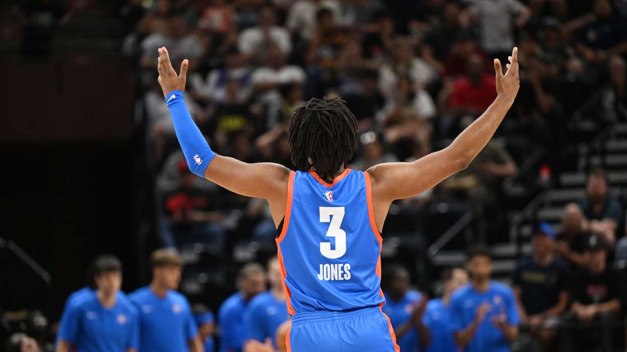 Thunder’s Dillon Jones celebrates after scoring as they and the Utah Jazz play in Summer League action at the Delta Center in Salt Lake City on Tuesday, July 9, 2024.