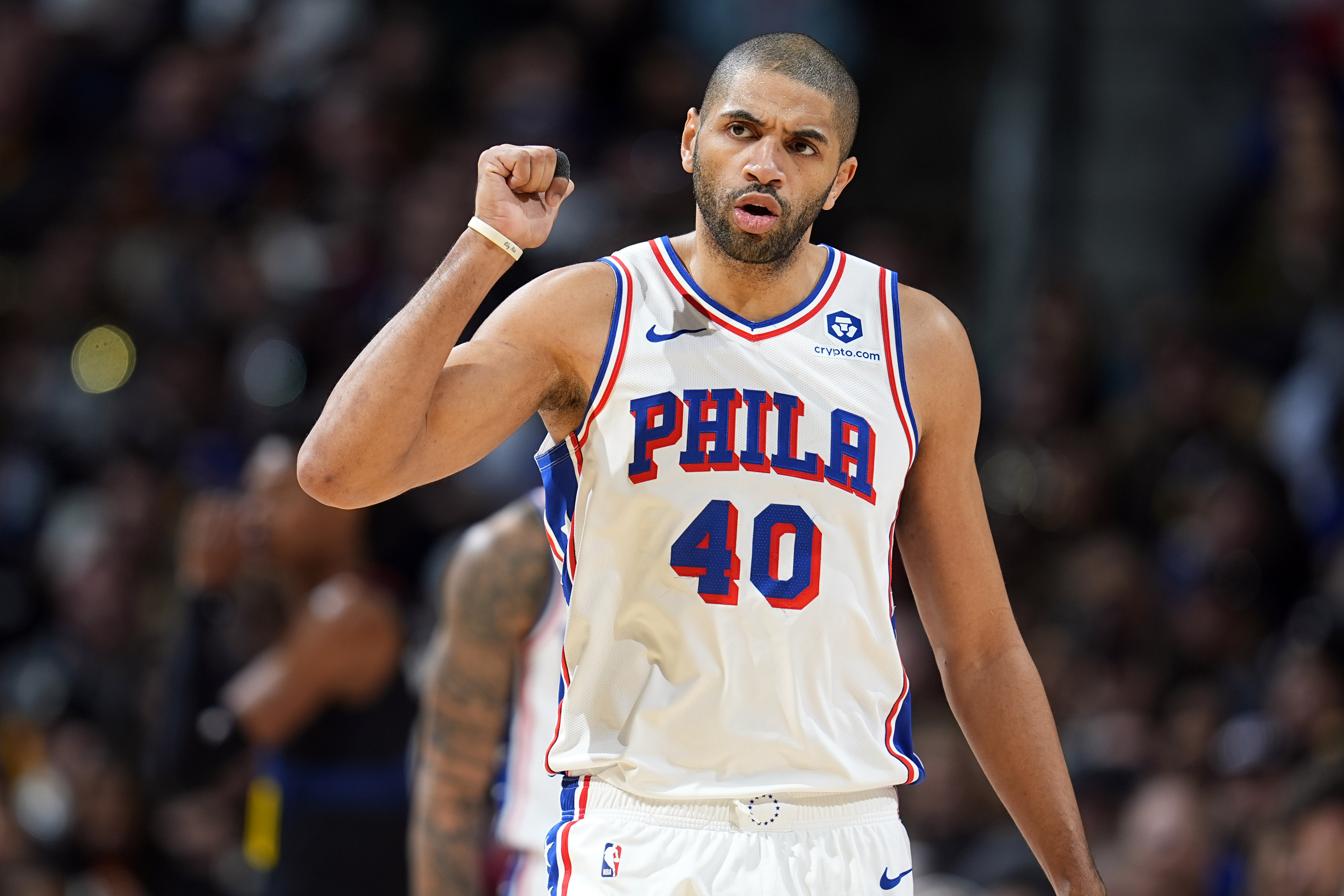 FILE - Philadelphia 76ers forward Nicolas Batum (40) in the second half of an NBA basketball game Saturday, Jan. 27, 2024, in Denver. Batum is returning to the Los Angeles Clippers, with the team signing the veteran forward along with guard Kevin Porter Jr., Wednesday, July 10, 2024.