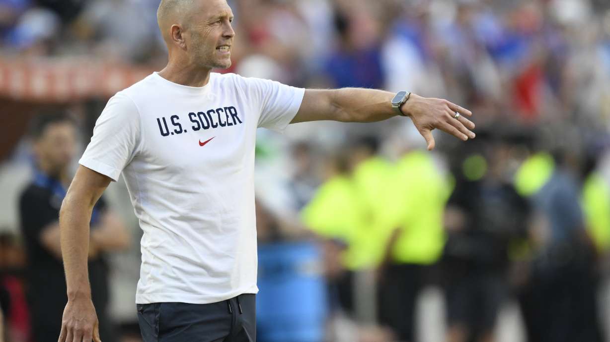 Coach Gregg Berhalter of the United States directs his players during a Copa America Group C soccer match against Uruguay in Kansas City, Mo., Monday, July 1, 2024.